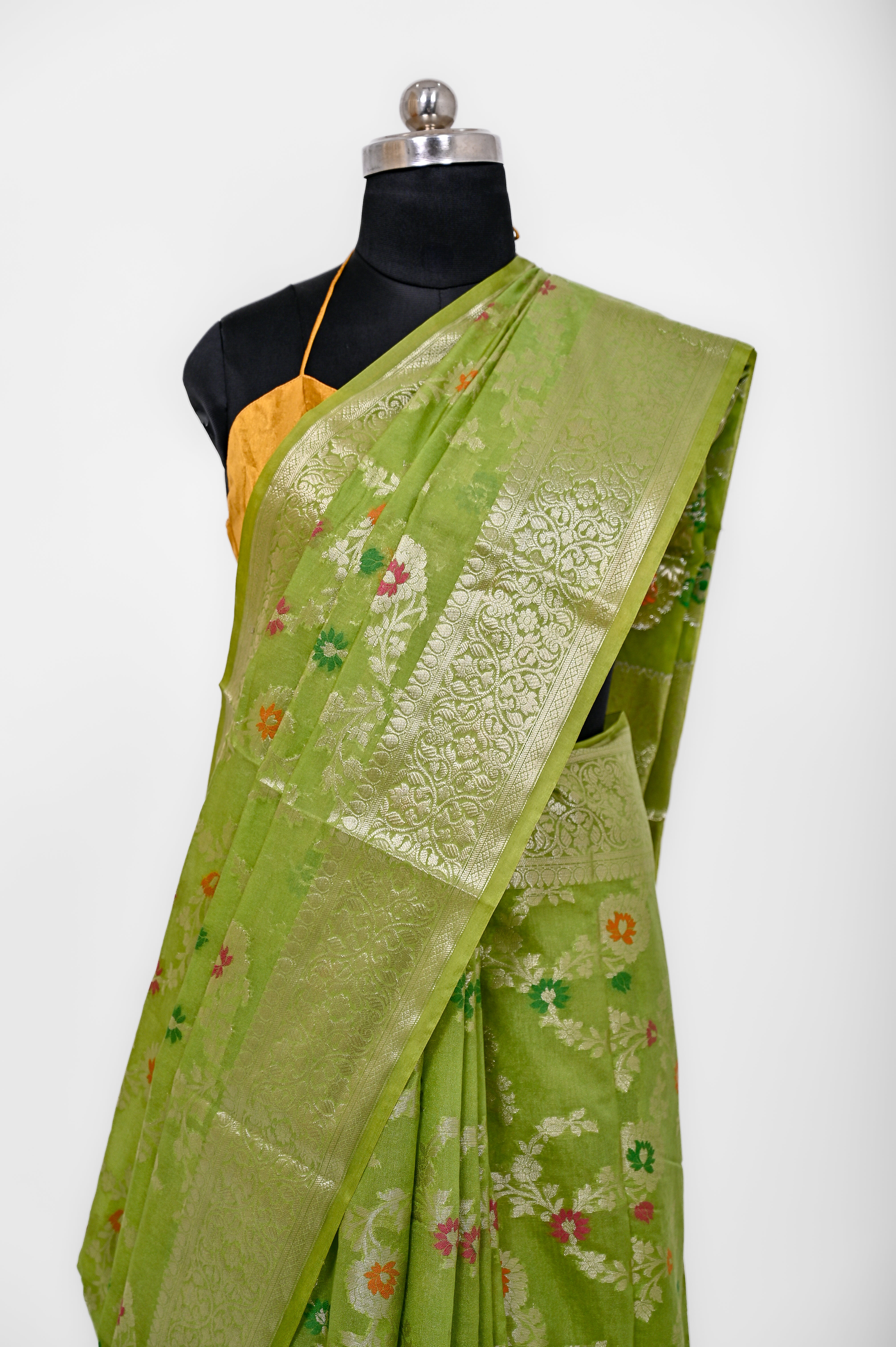 Pure Banarsi  Handloom Fancy Meenakari Alfi Georgett Silk Saree Mehndi