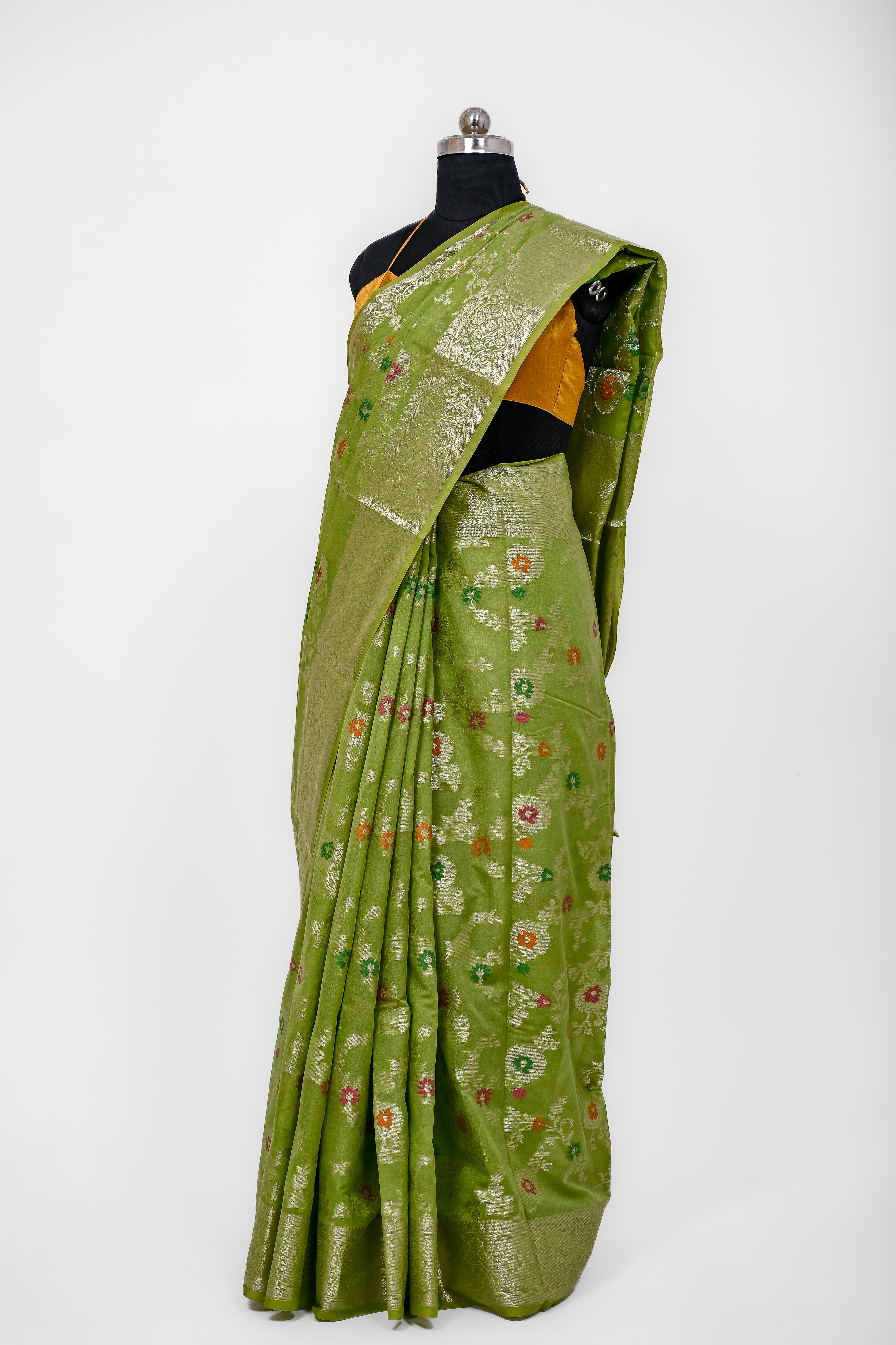 Pure Banarsi  Handloom Fancy Meenakari Alfi Georgett Silk Saree Mehndi