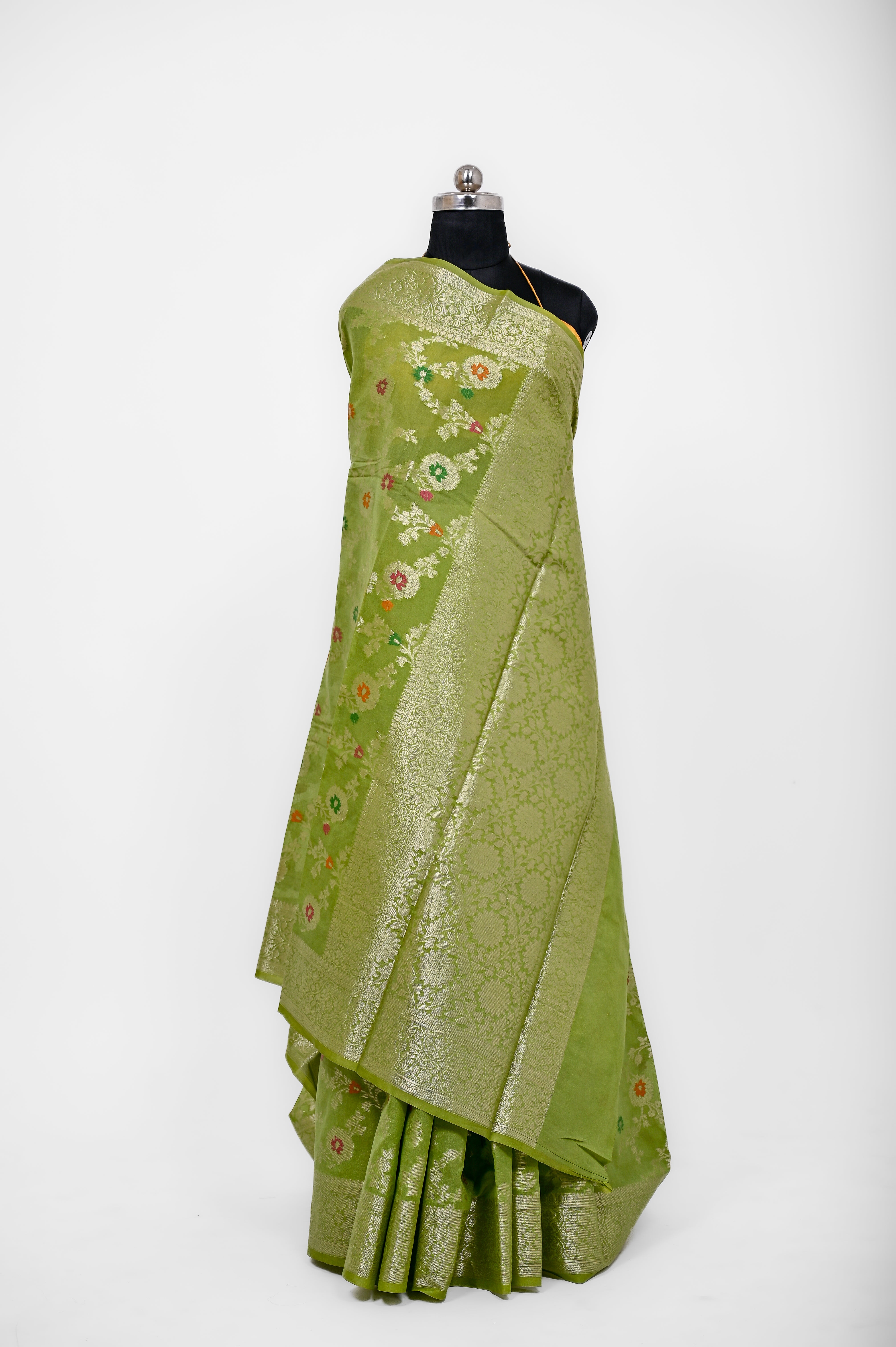 Pure Banarsi  Handloom Fancy Meenakari Alfi Georgett Silk Saree Mehndi