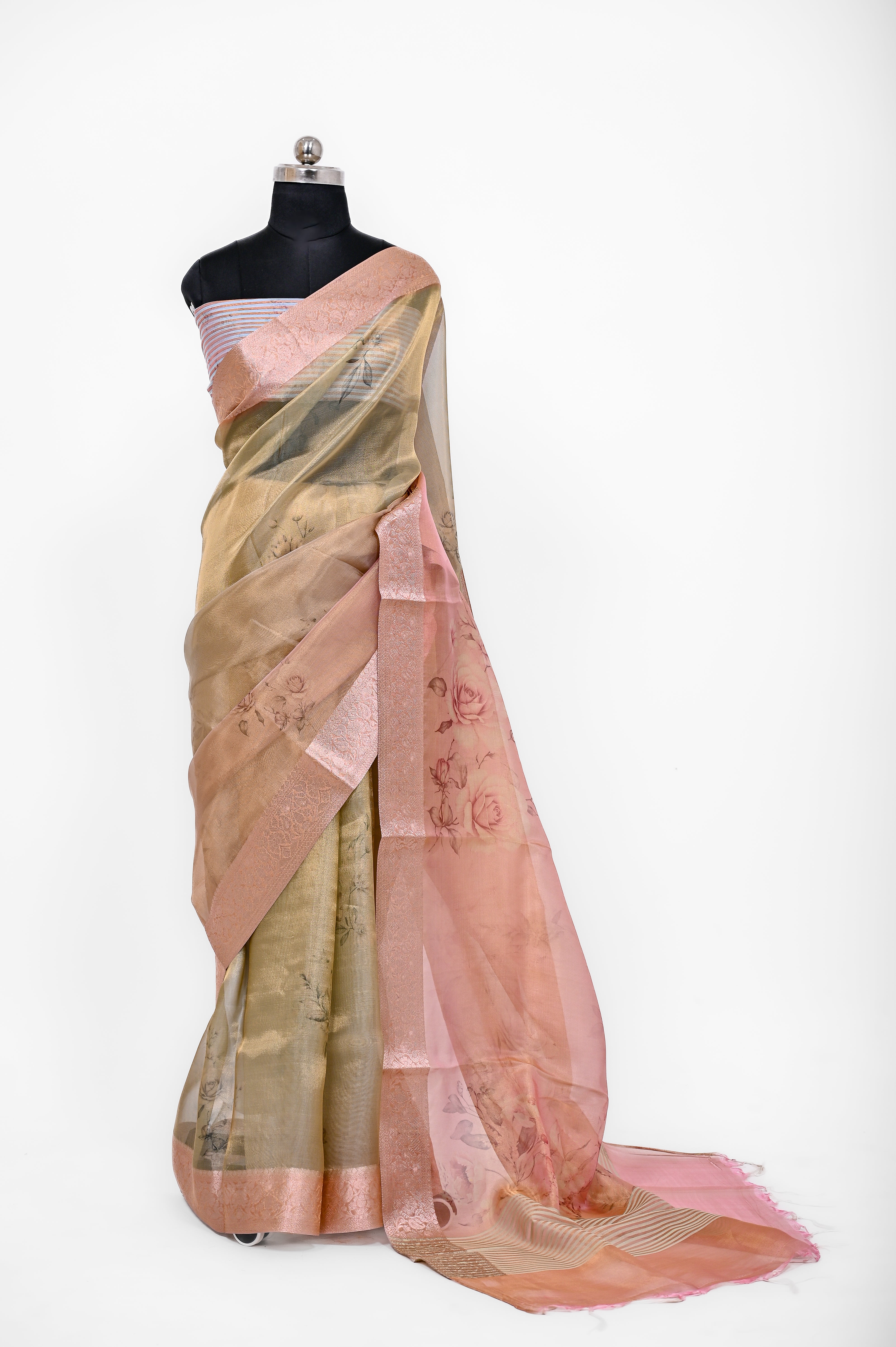 Pure Banarsi Tissue Silk Digital Print Saree Double Mix Shadow