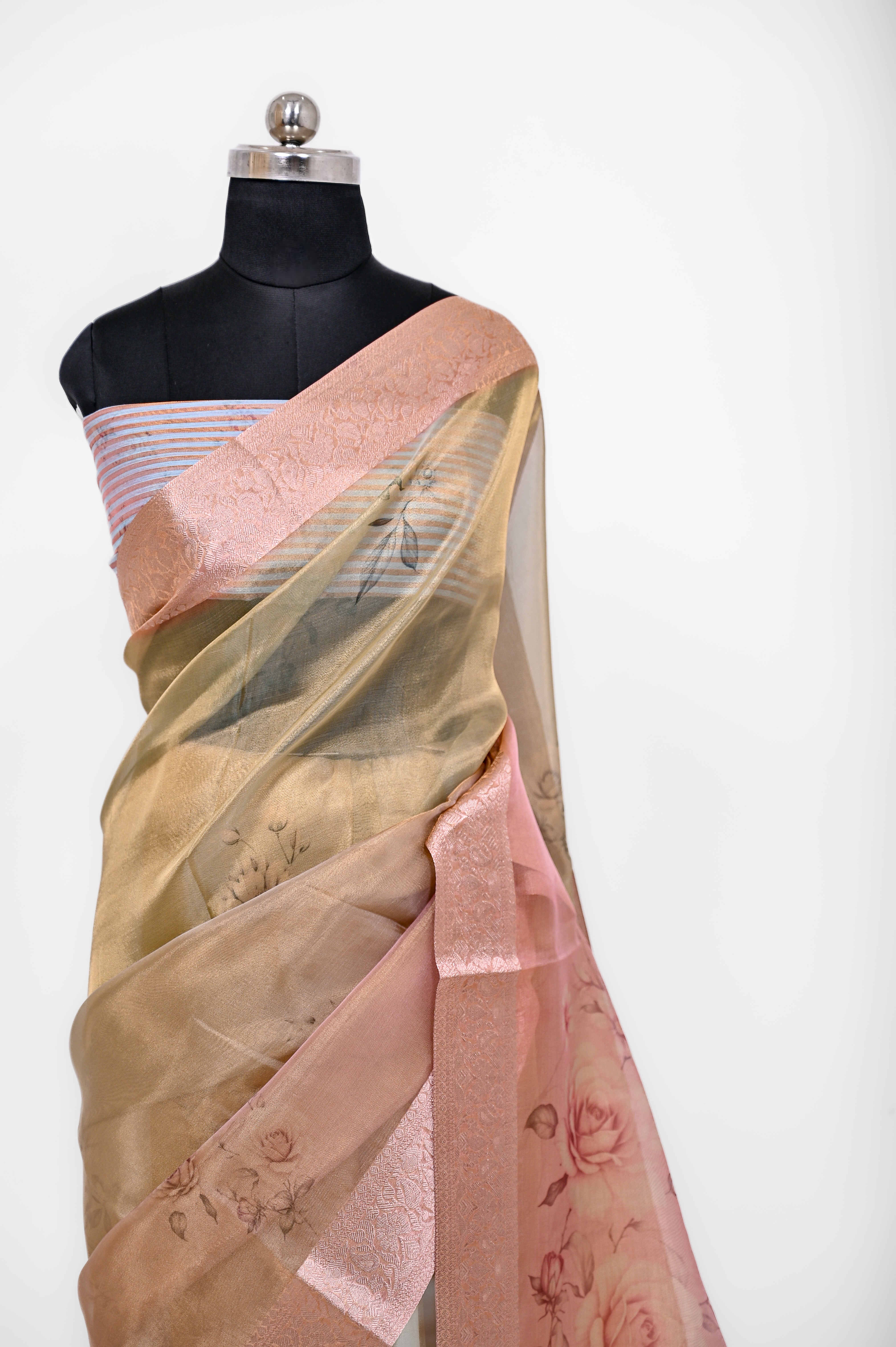Pure Banarsi Tissue Silk Digital Print Saree Double Mix Shadow