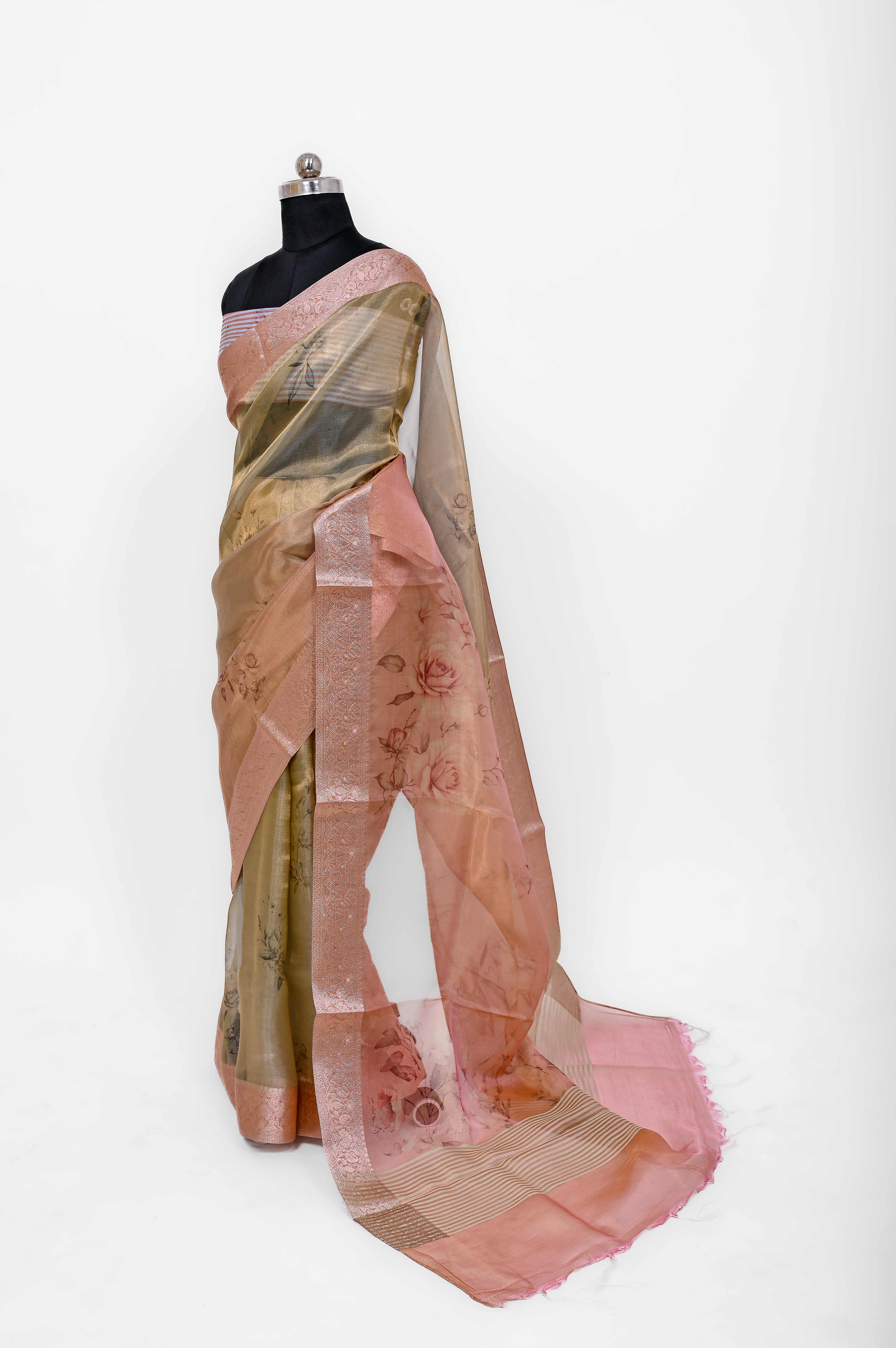 Pure Banarsi Tissue Silk Digital Print Saree Double Mix Shadow