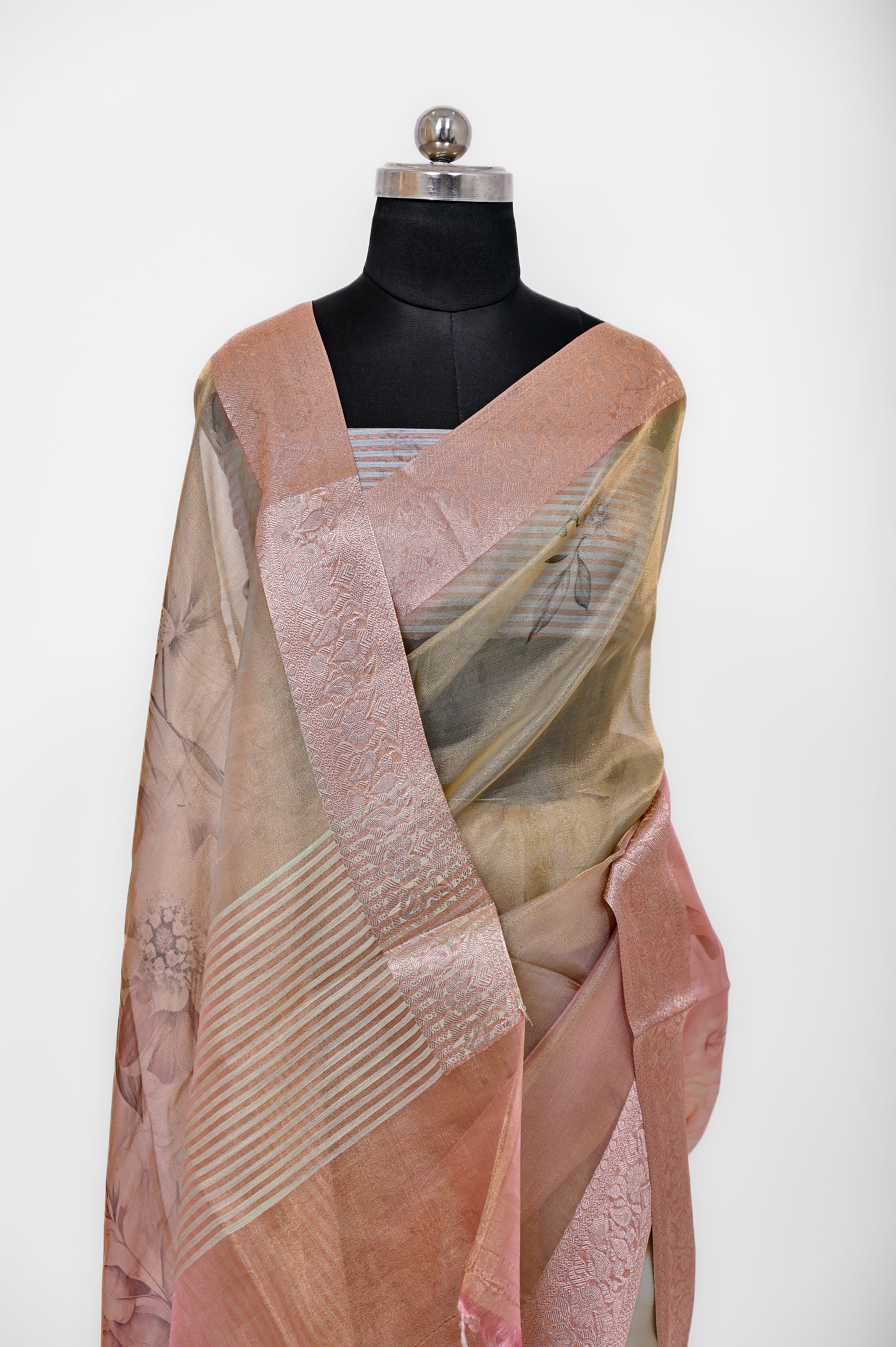 Pure Banarsi Tissue Silk Digital Print Saree Double Mix Shadow