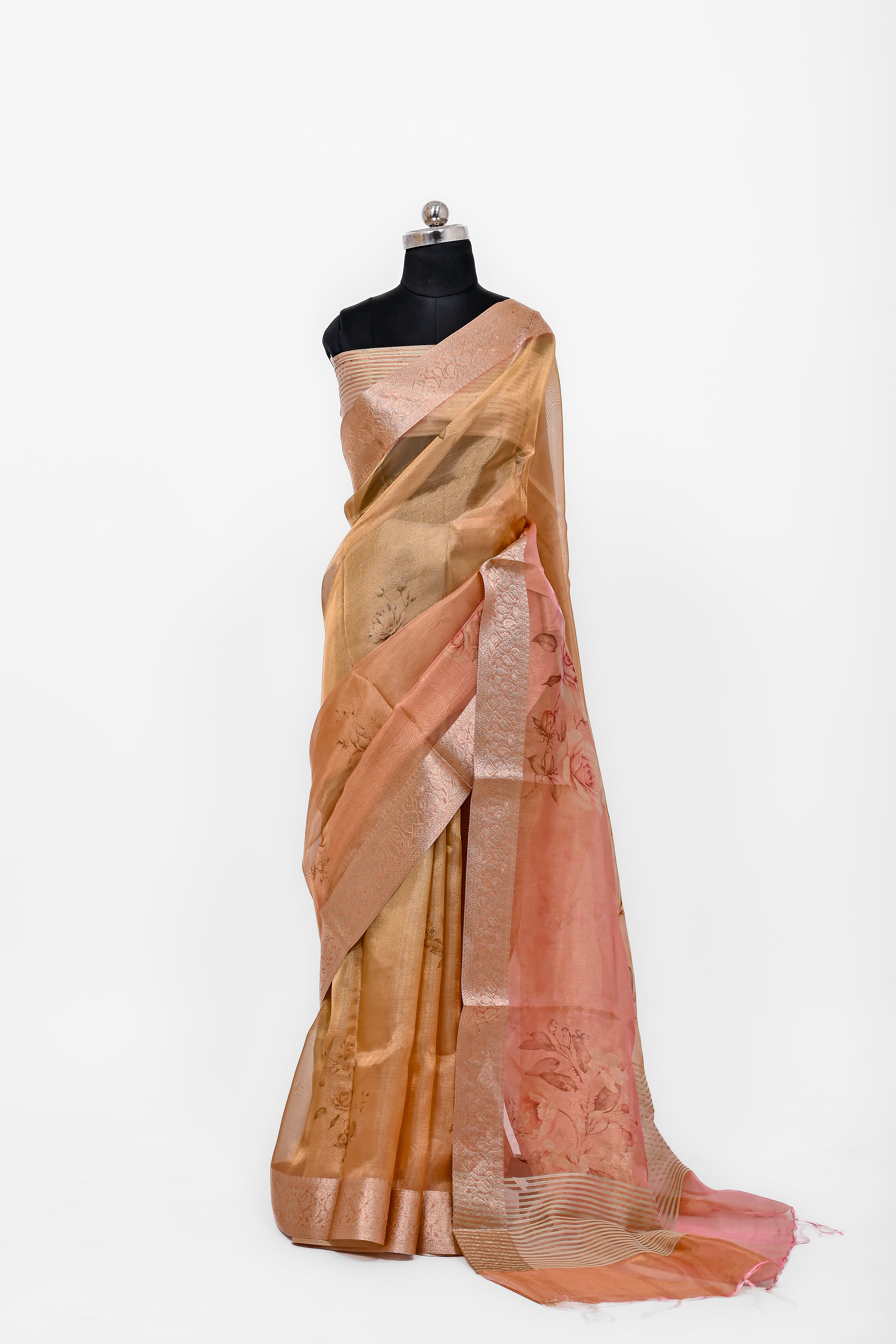 Pure Banarsi Tissue Silk Digital Print Saree Double Mix Shadow