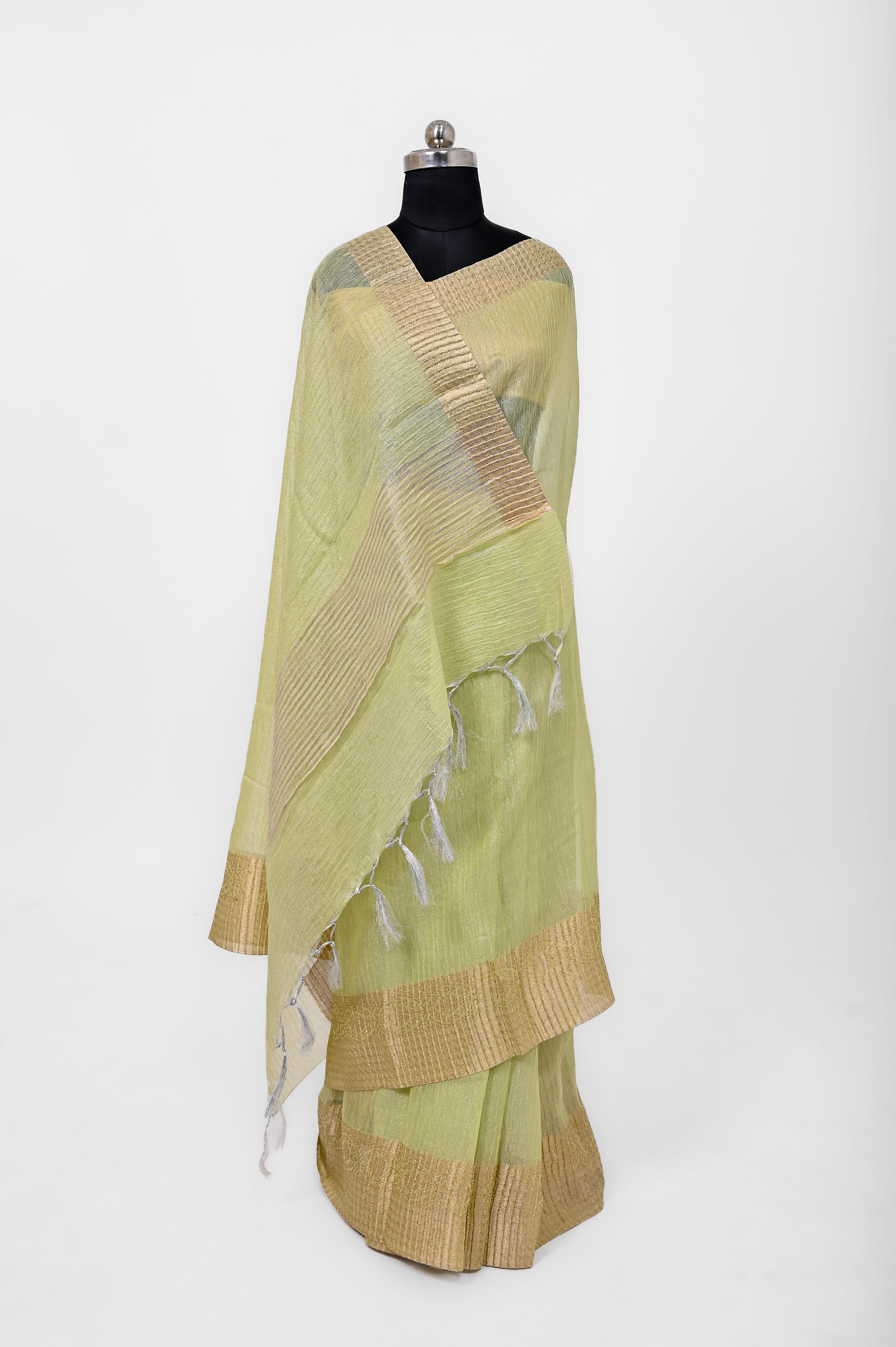 Pure Lilen Tissue Crush Silk Saree With Luxury Fabrics Light Pista