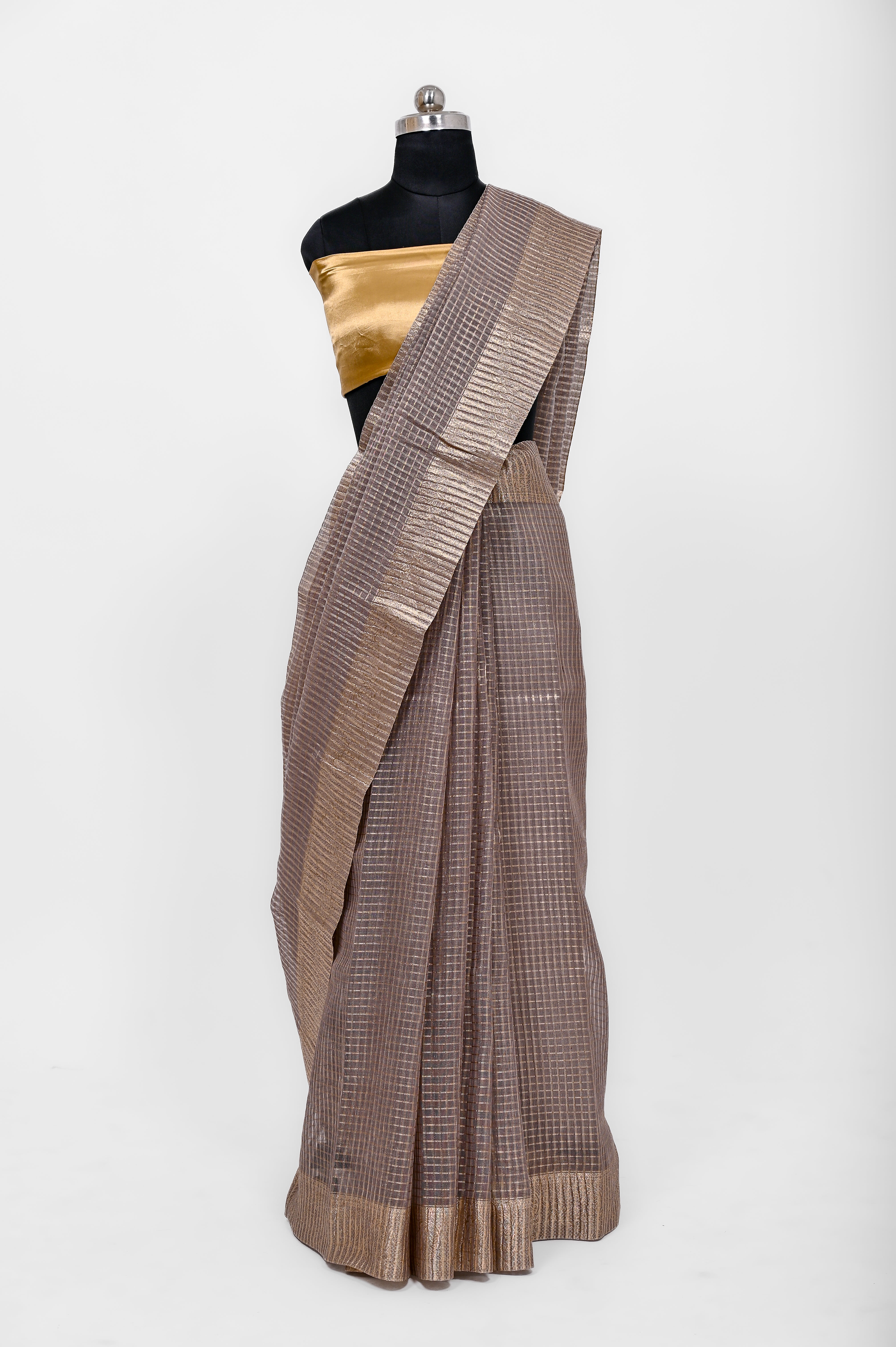 Pure Lilen Tissue Crush Small Chex Silk Saree With Luxury Fabrics Dusty Grey