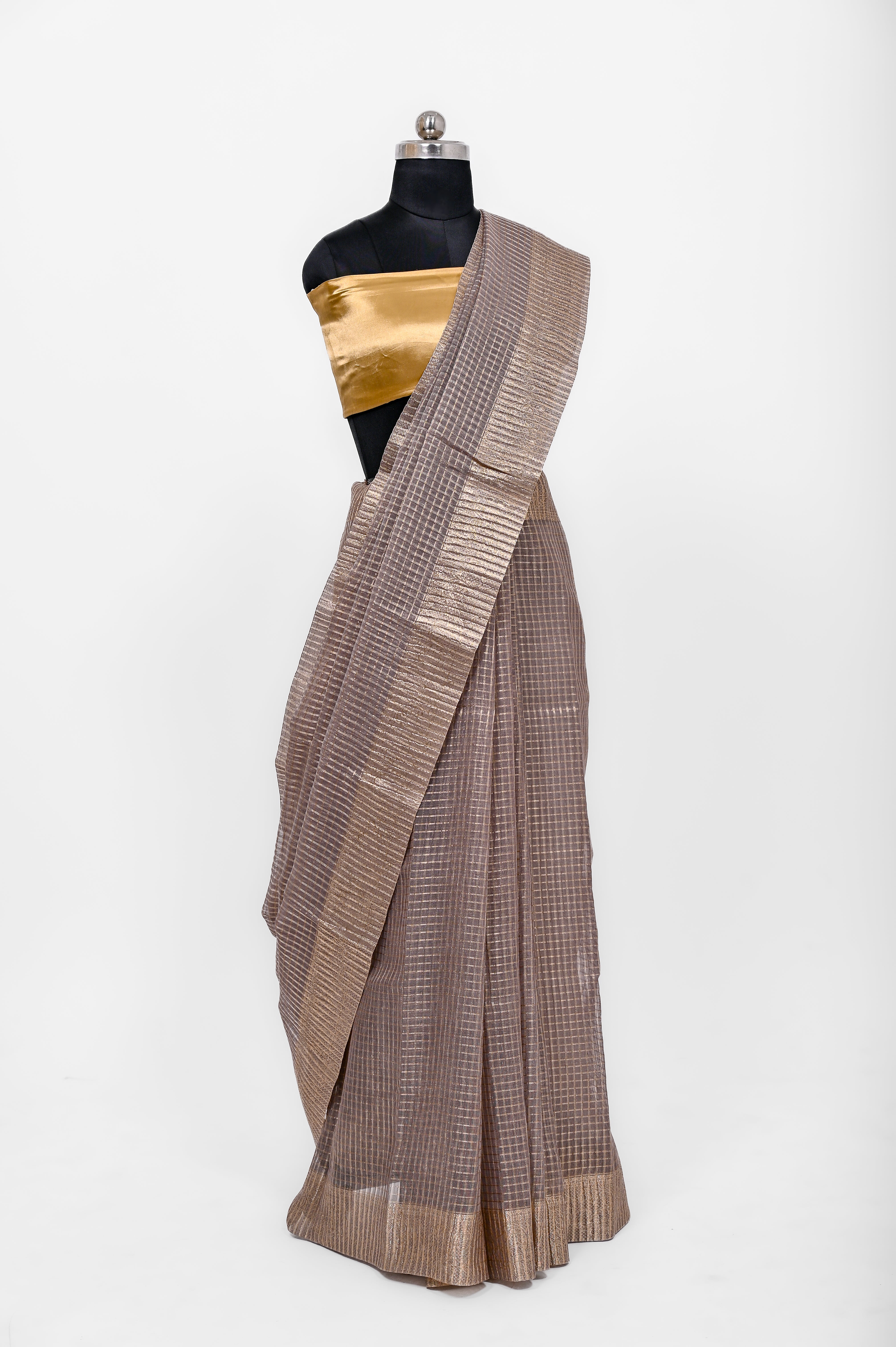 Pure Lilen Tissue Crush Small Chex Silk Saree With Luxury Fabrics Dusty Grey