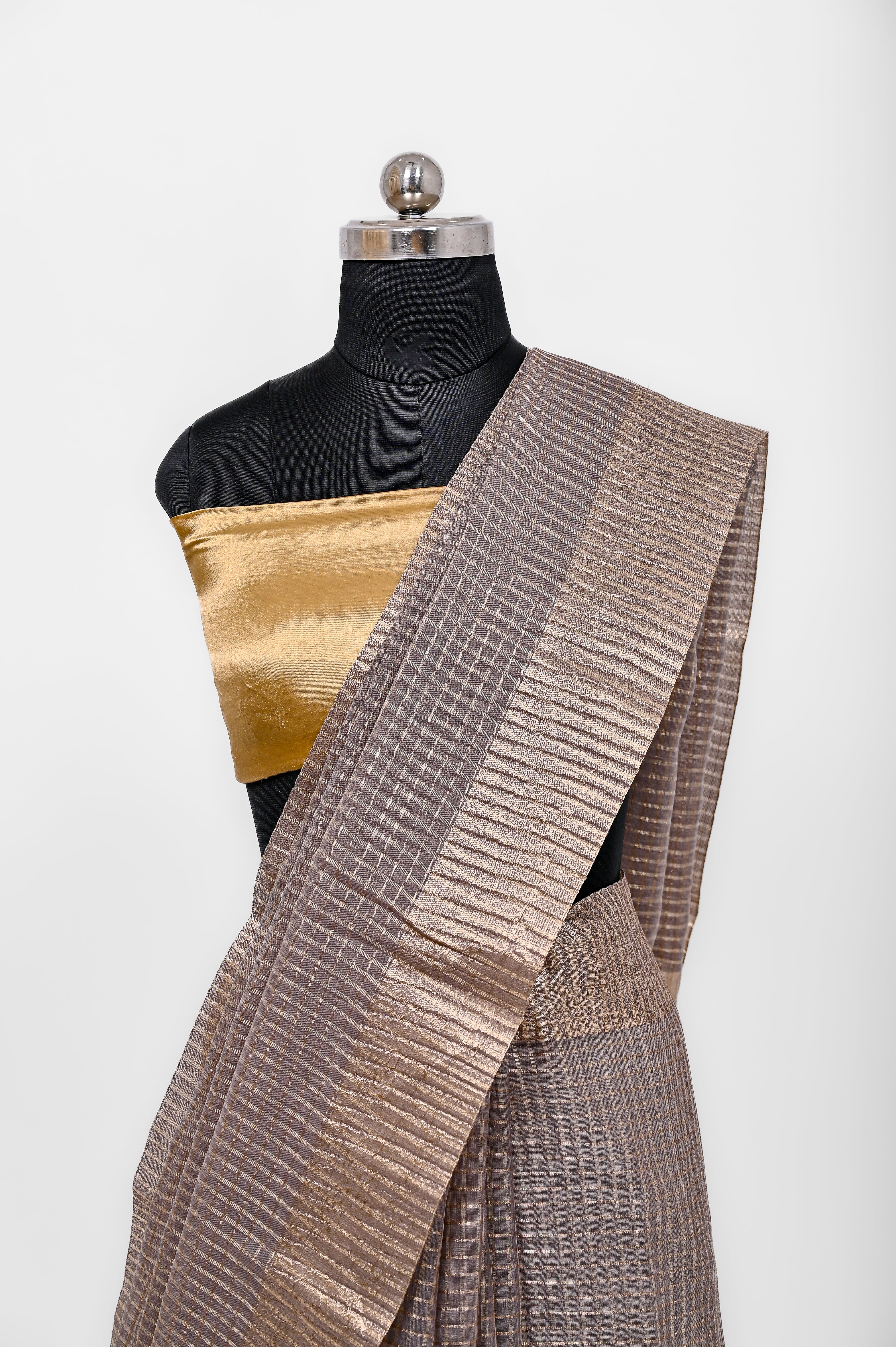 Pure Lilen Tissue Crush Small Chex Silk Saree With Luxury Fabrics Dusty Grey