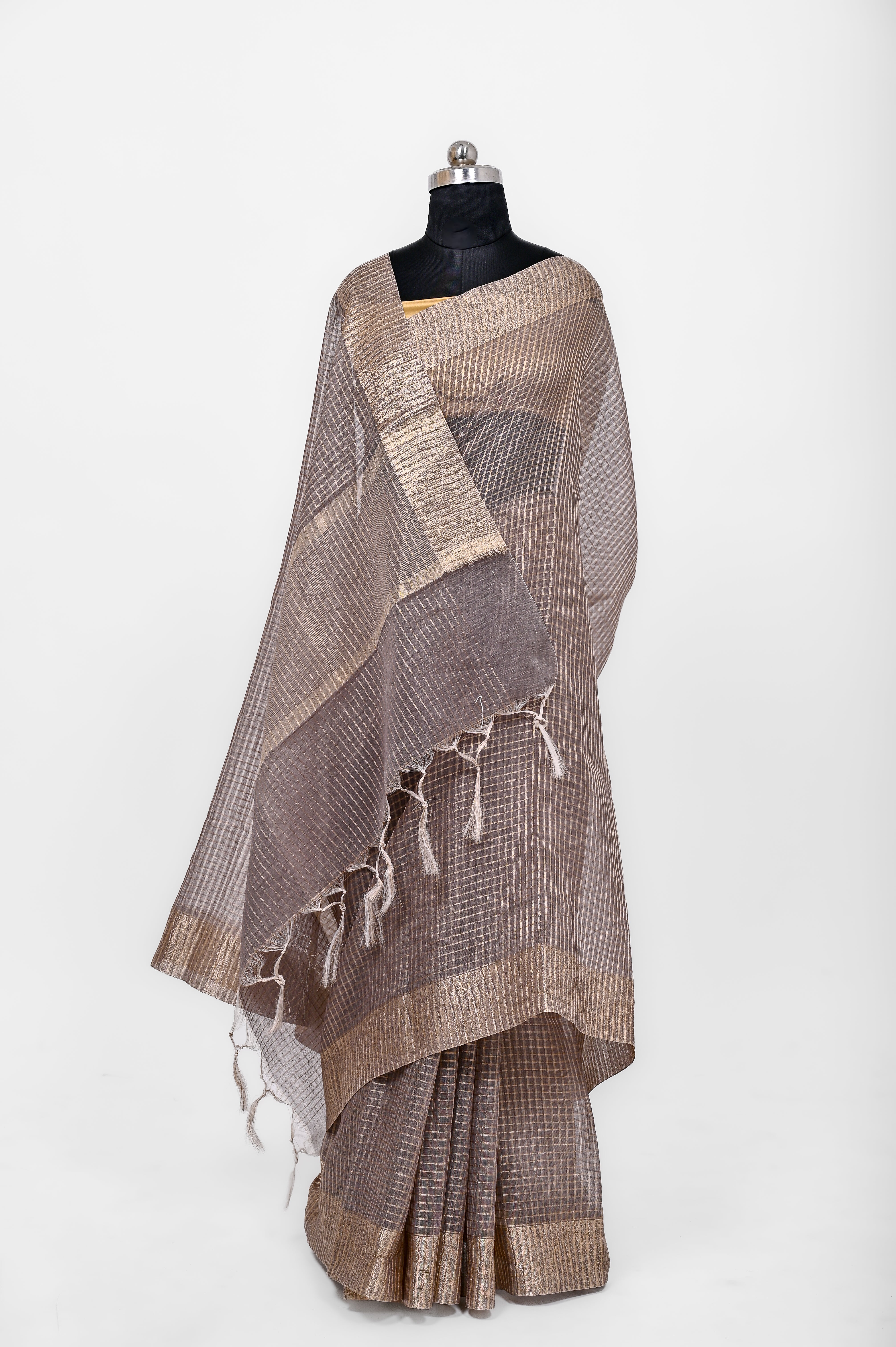 Pure Lilen Tissue Crush Small Chex Silk Saree With Luxury Fabrics Dusty Grey