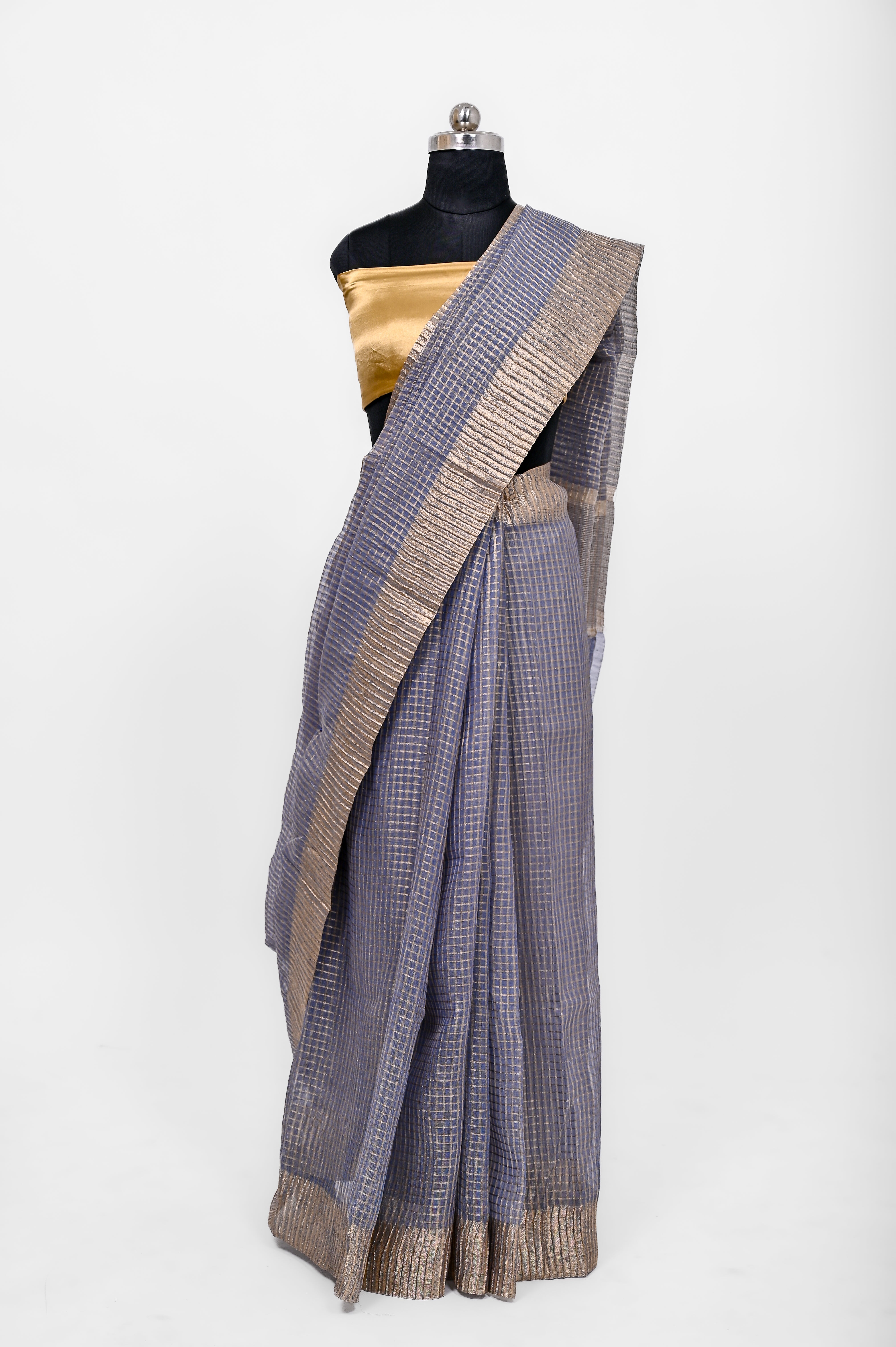 Pure Lilen Tissue Crush Small Chex Silk Saree With Luxury Fabrics Dusty Blue