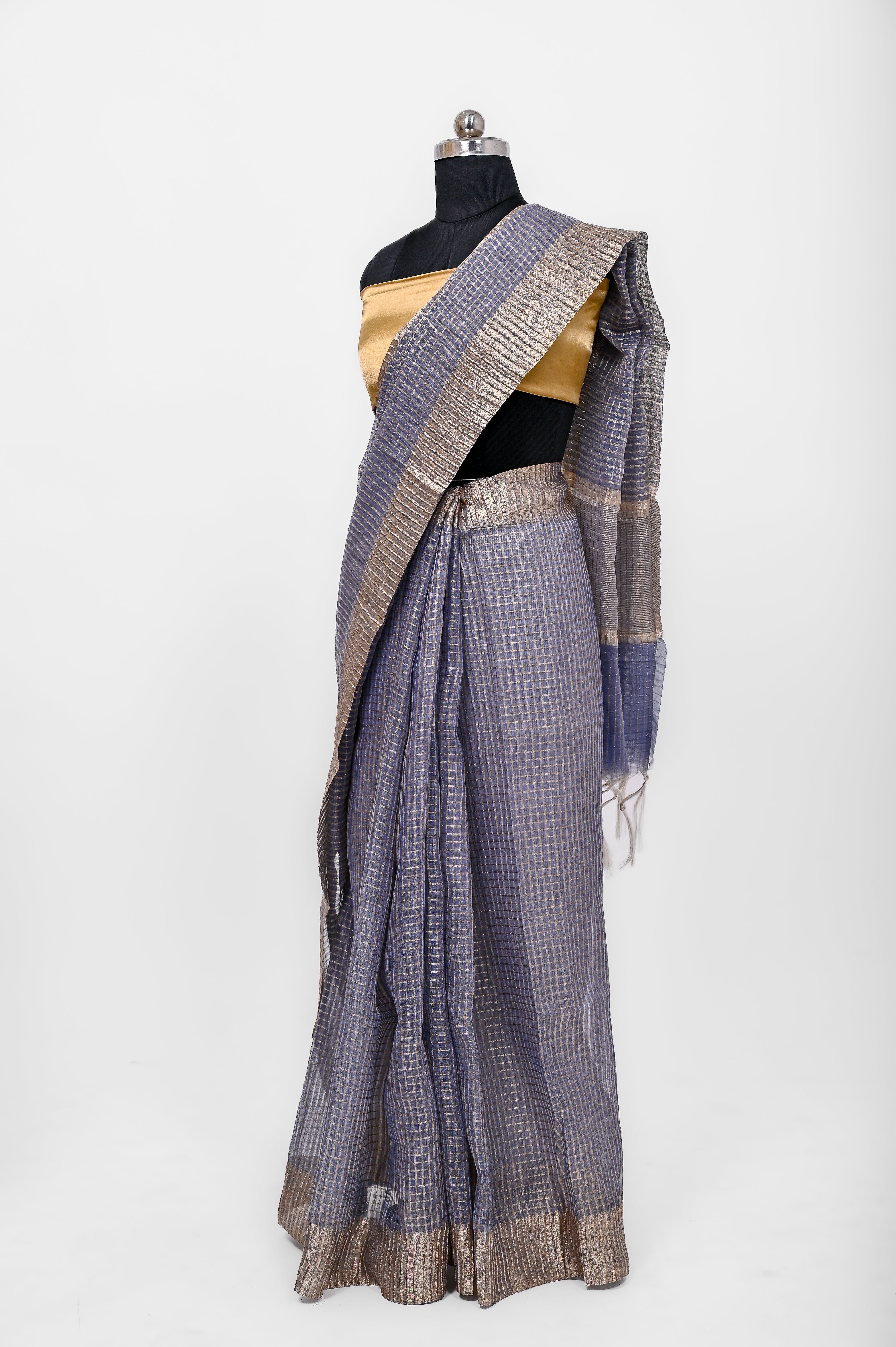 Pure Lilen Tissue Crush Small Chex Silk Saree With Luxury Fabrics Dusty Blue