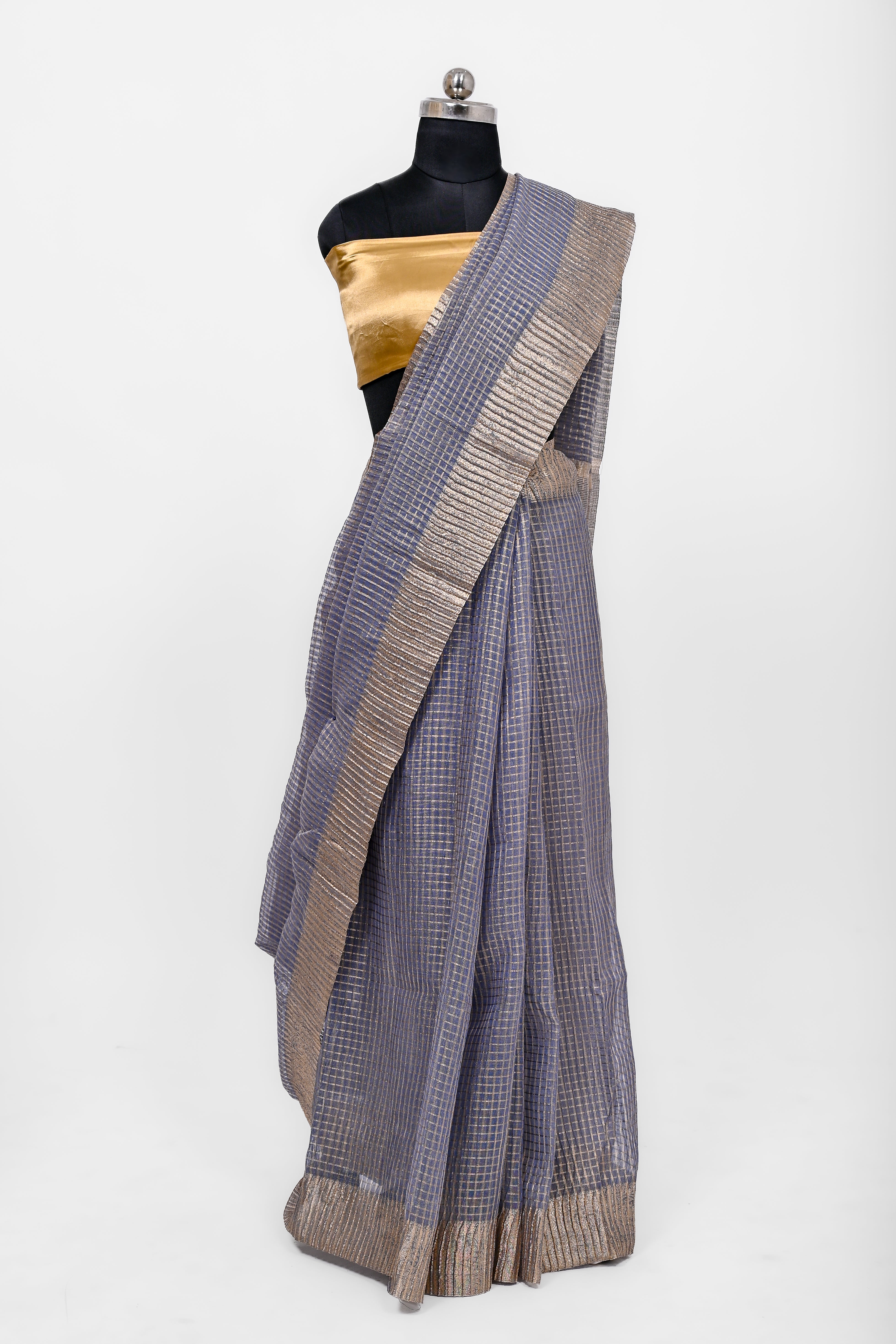 Pure Lilen Tissue Crush Small Chex Silk Saree With Luxury Fabrics Dusty Blue