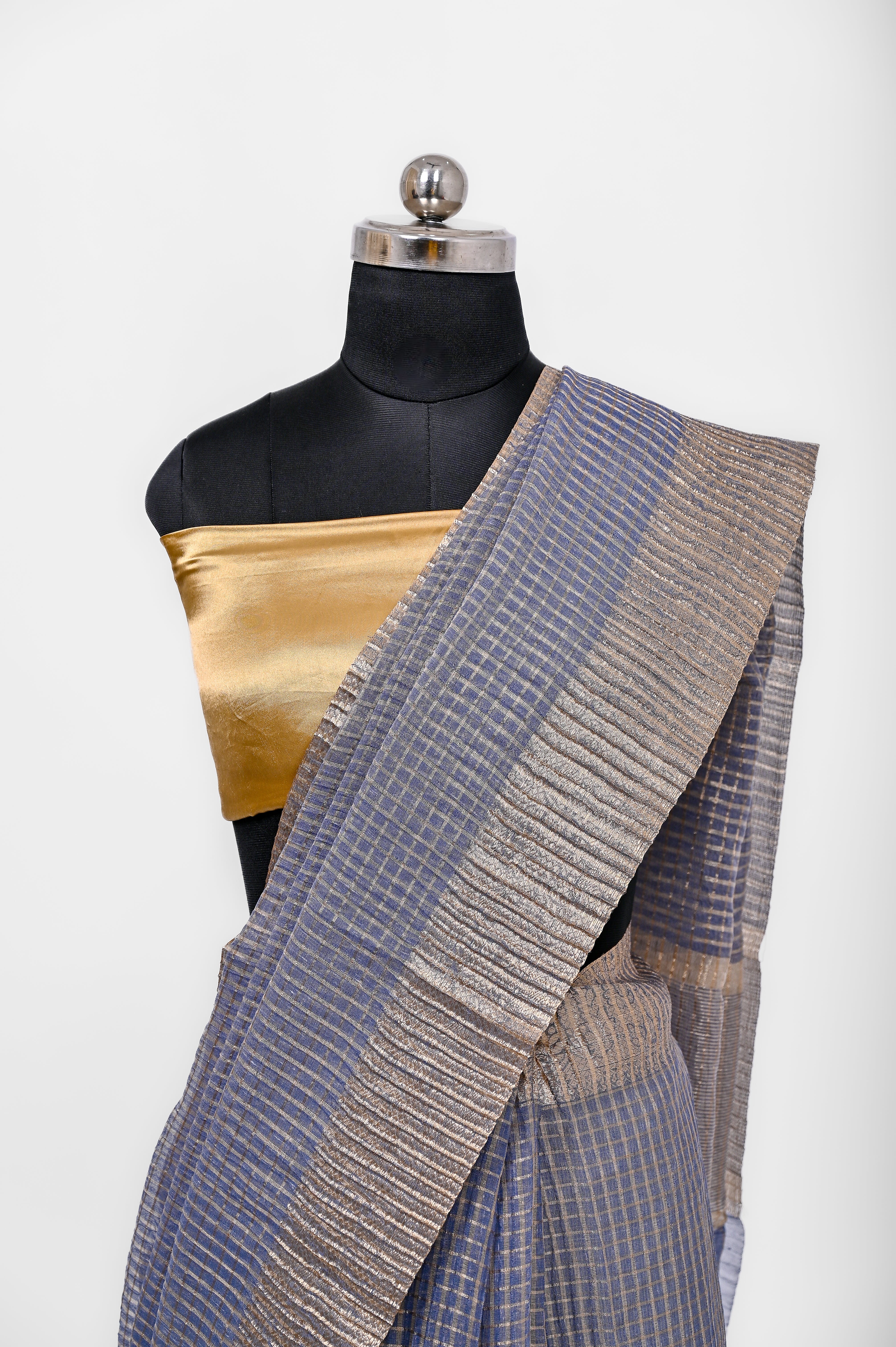 Pure Lilen Tissue Crush Small Chex Silk Saree With Luxury Fabrics Dusty Blue