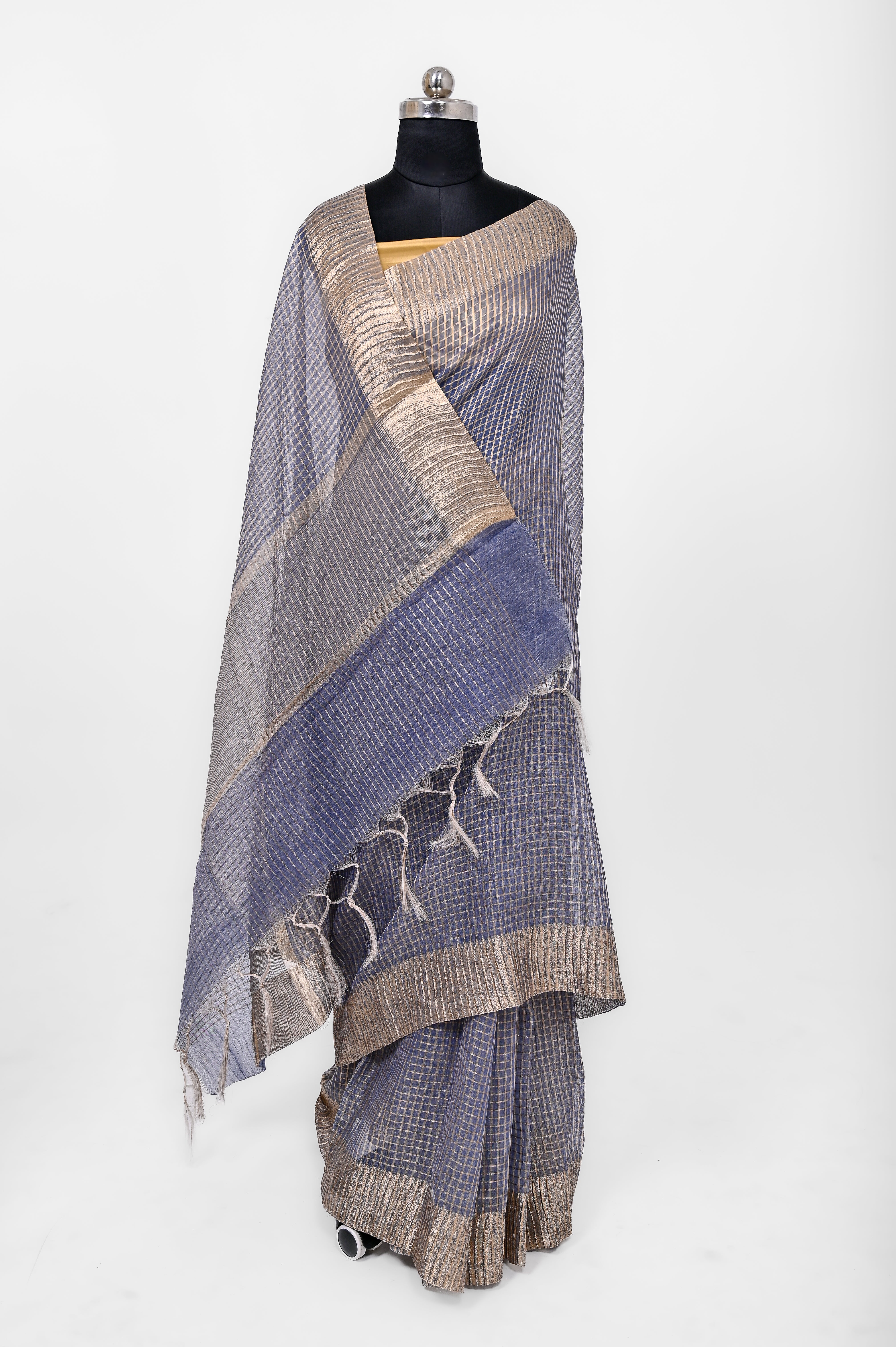 Pure Lilen Tissue Crush Small Chex Silk Saree With Luxury Fabrics Dusty Blue