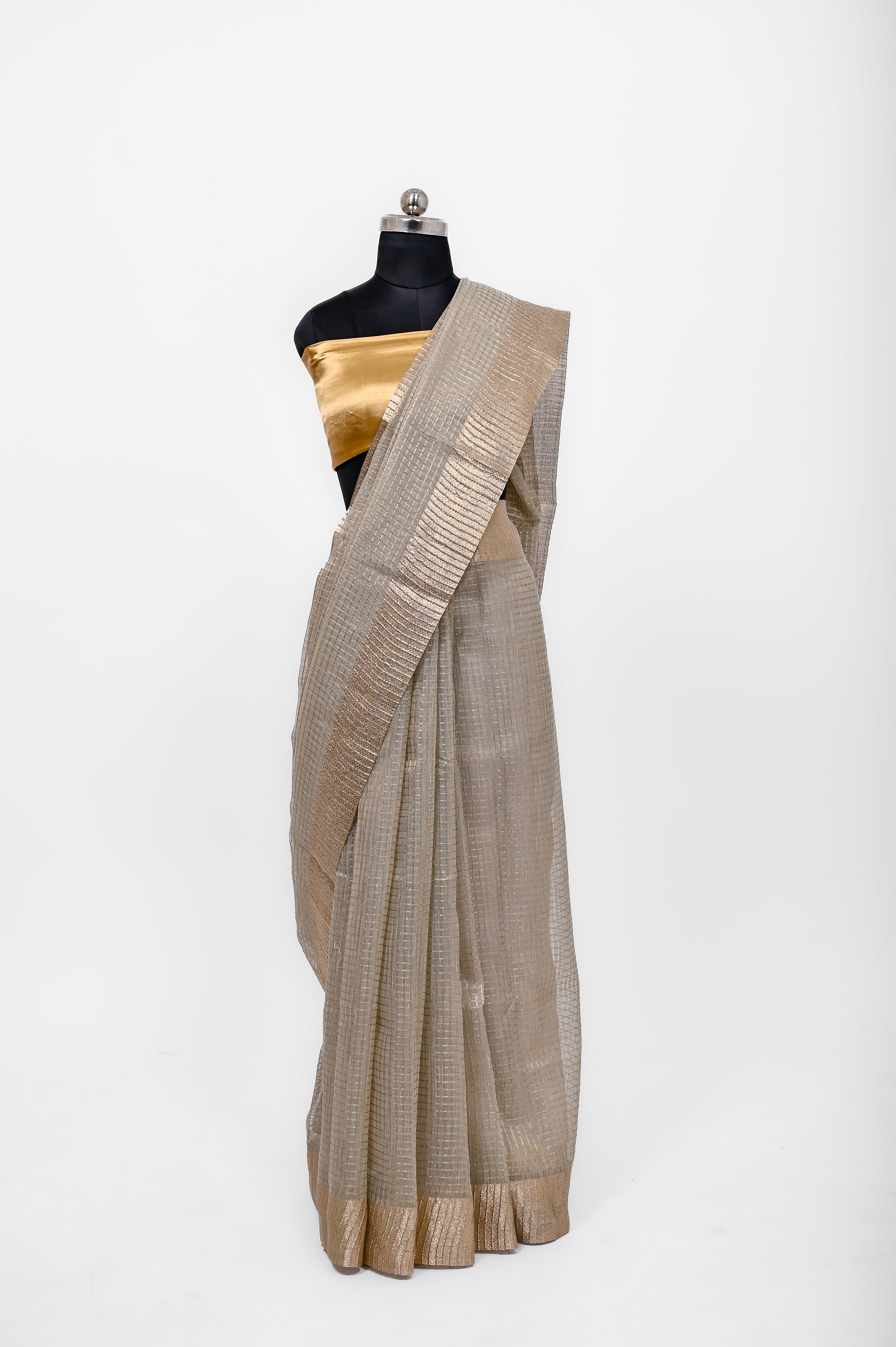 Pure Lilen Tissue Crush Small Chex Silk Saree With Luxury Fabrics Dusty Pista