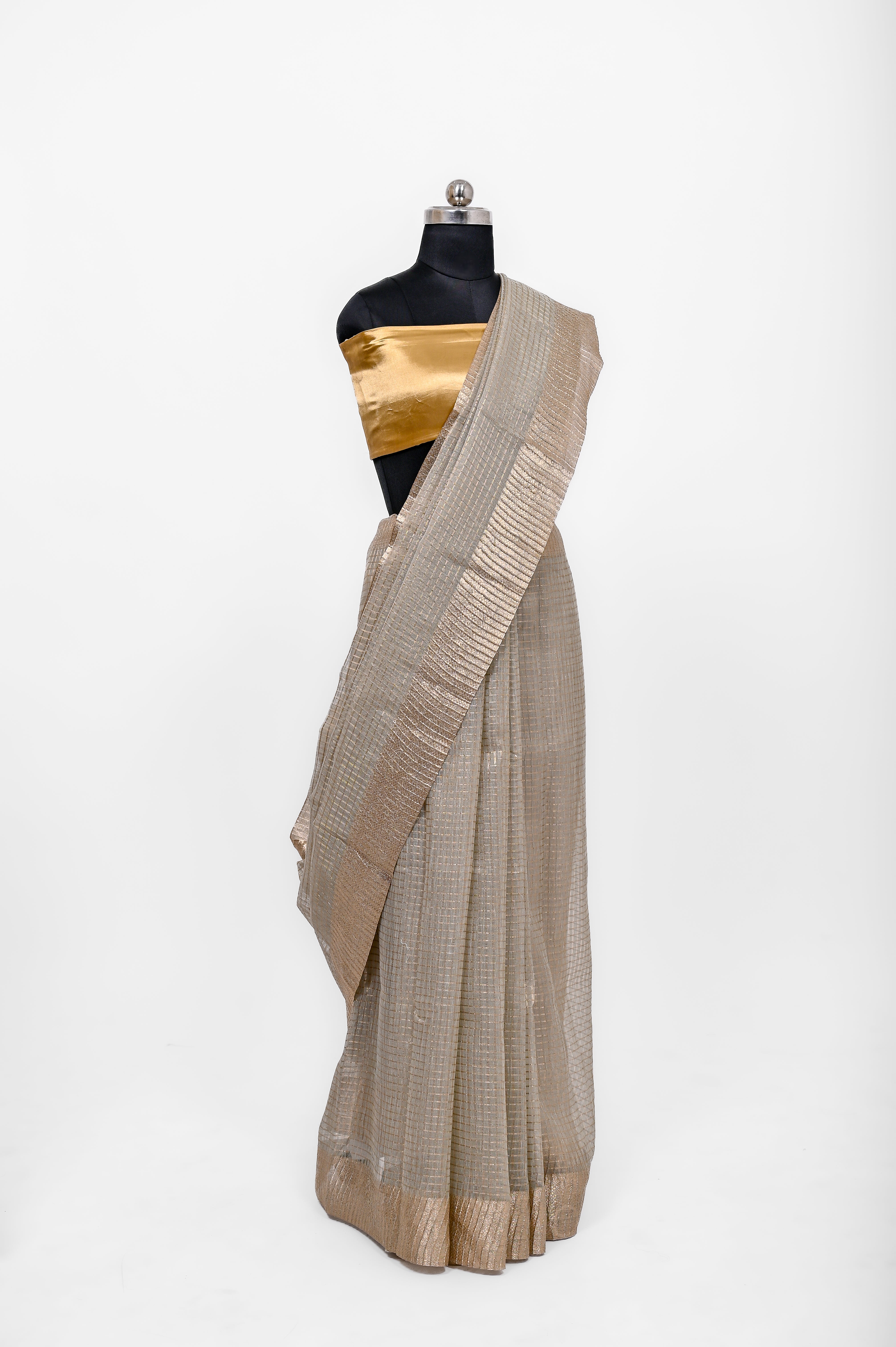 Pure Lilen Tissue Crush Small Chex Silk Saree With Luxury Fabrics Dusty Pista