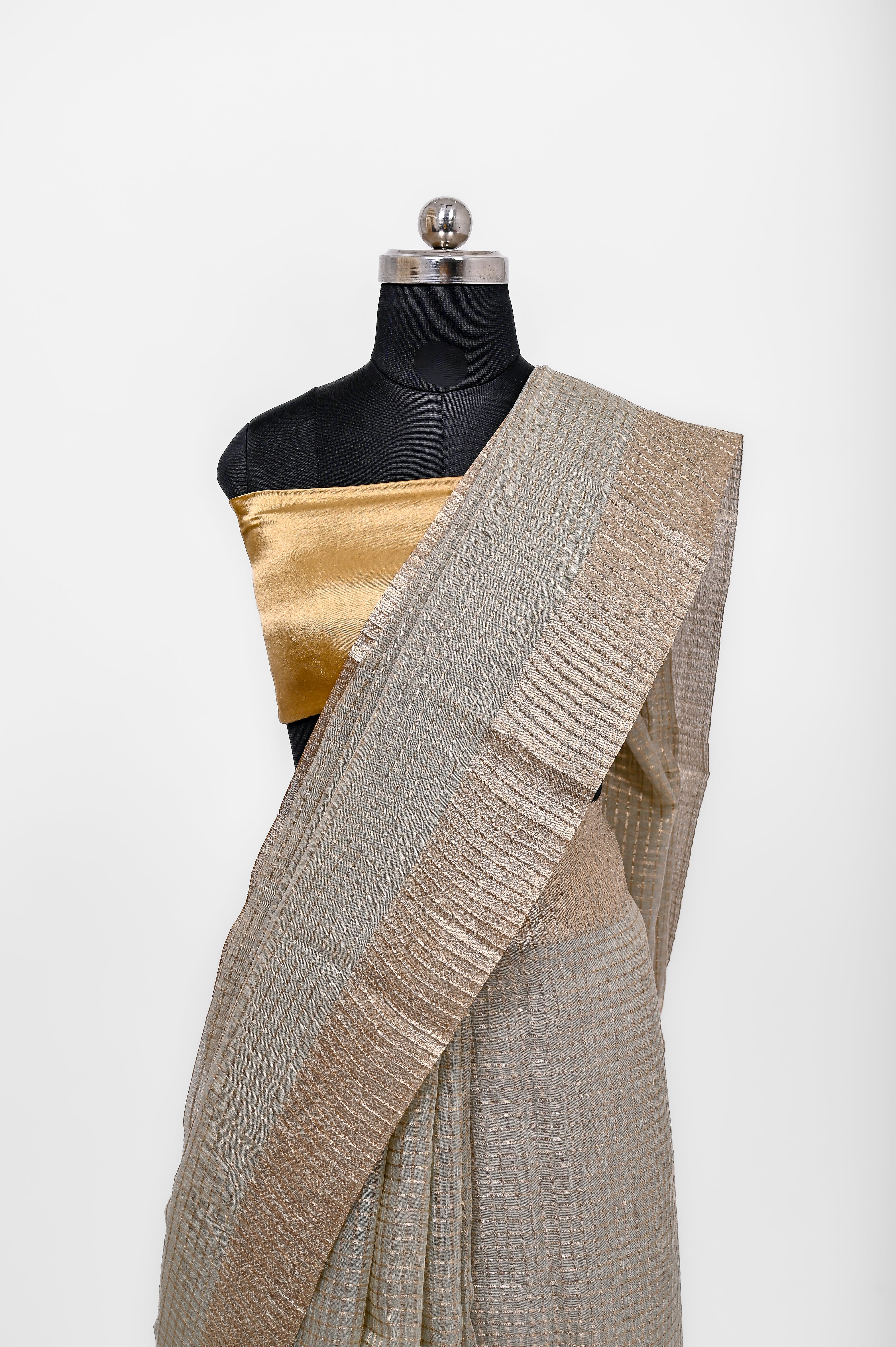 Pure Lilen Tissue Crush Small Chex Silk Saree With Luxury Fabrics Dusty Pista