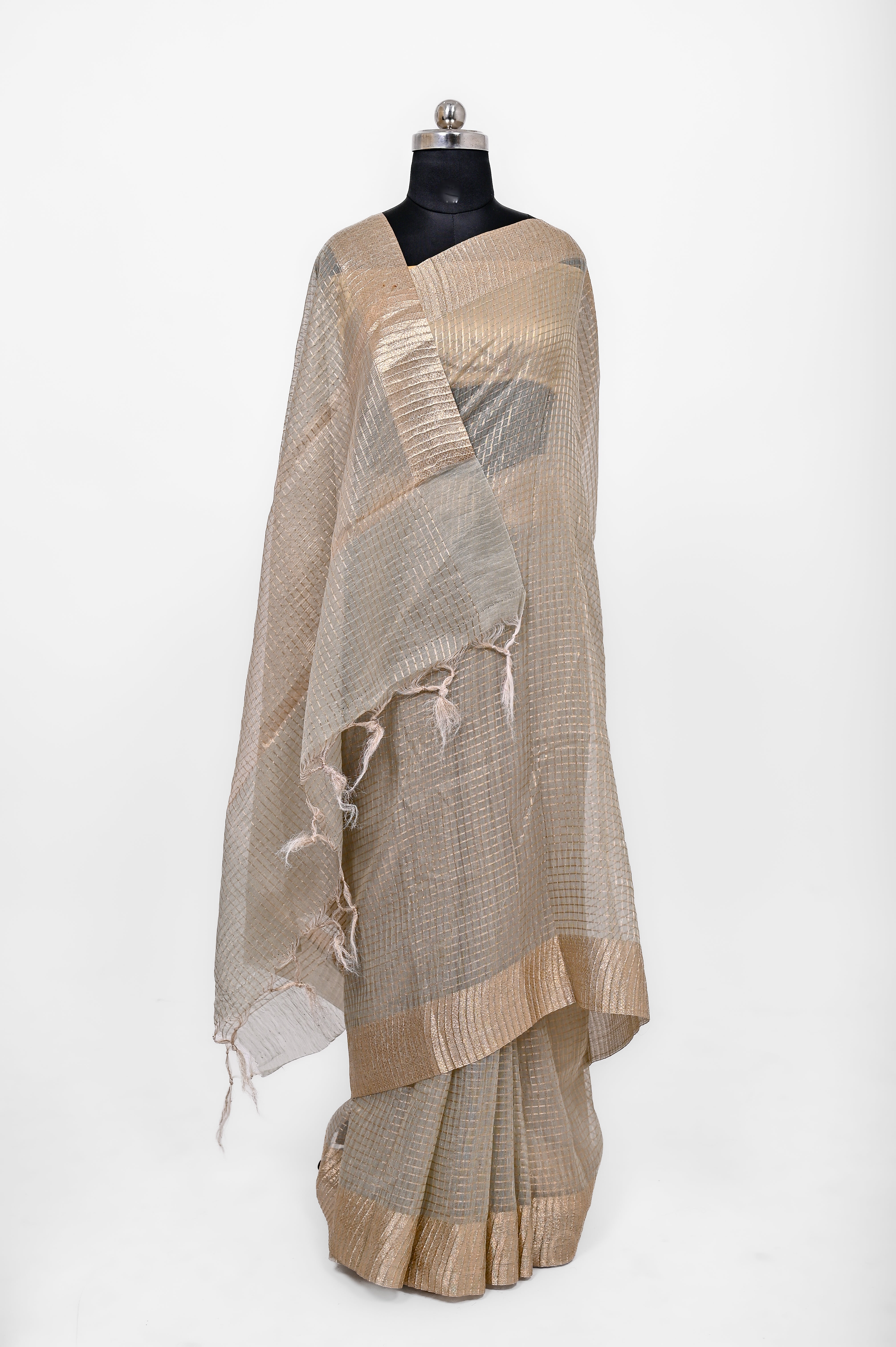 Pure Lilen Tissue Crush Small Chex Silk Saree With Luxury Fabrics Dusty Pista