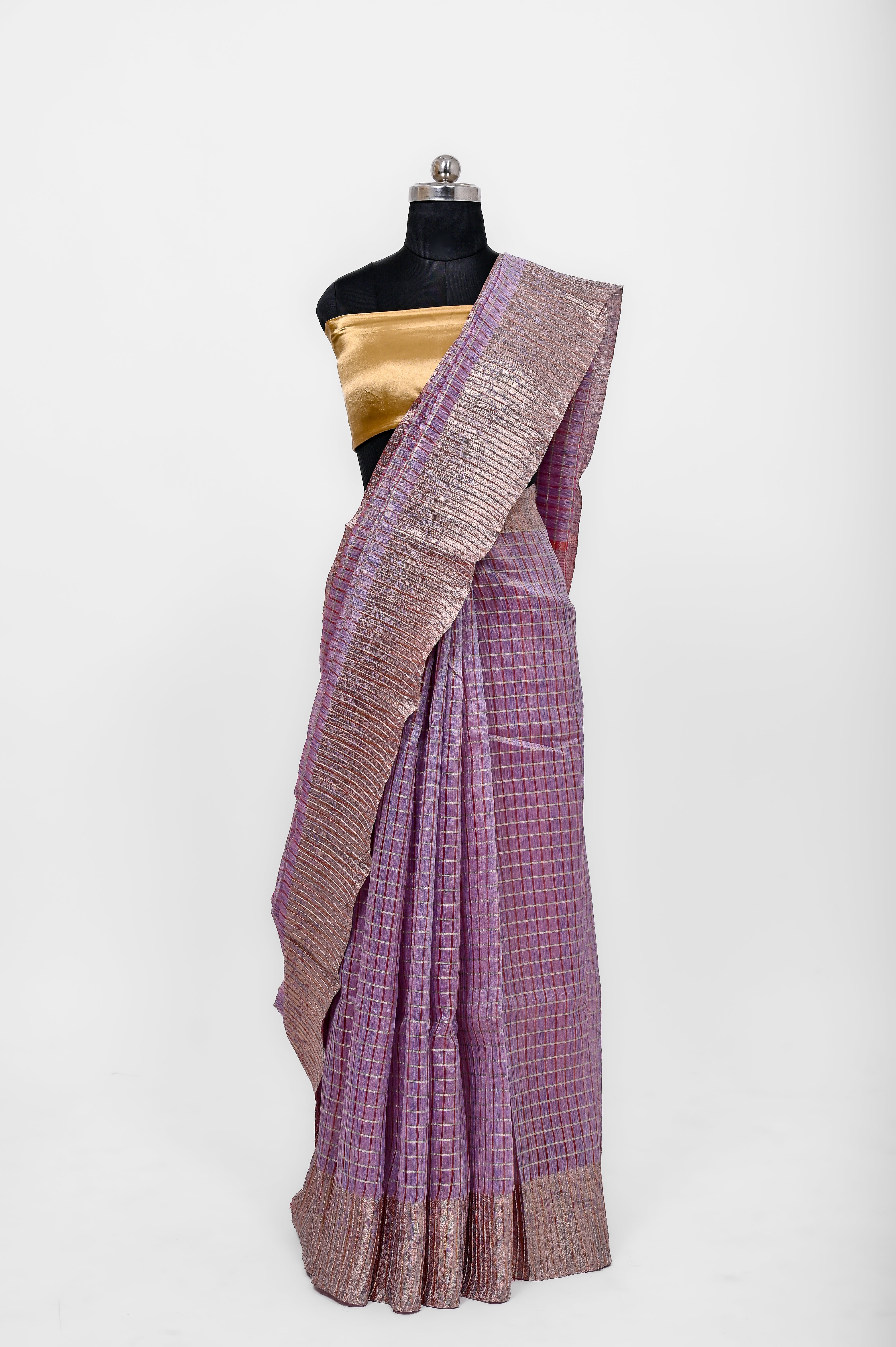 Pure Lilen Tissue Crush Big Chex Silk Saree With Luxury Fabrics Purple Pinkish