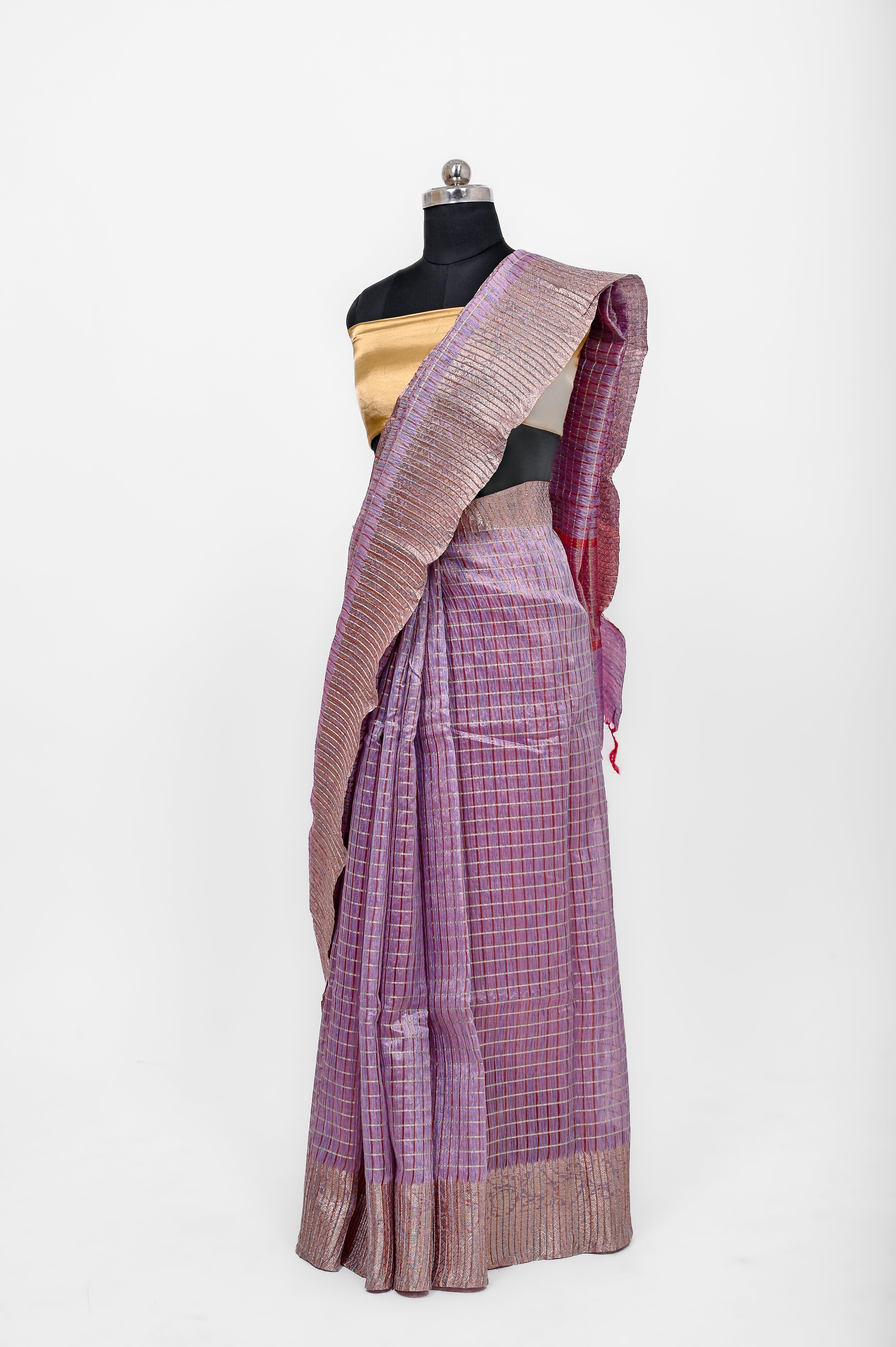 Pure Lilen Tissue Crush Big Chex Silk Saree With Luxury Fabrics Purple Pinkish