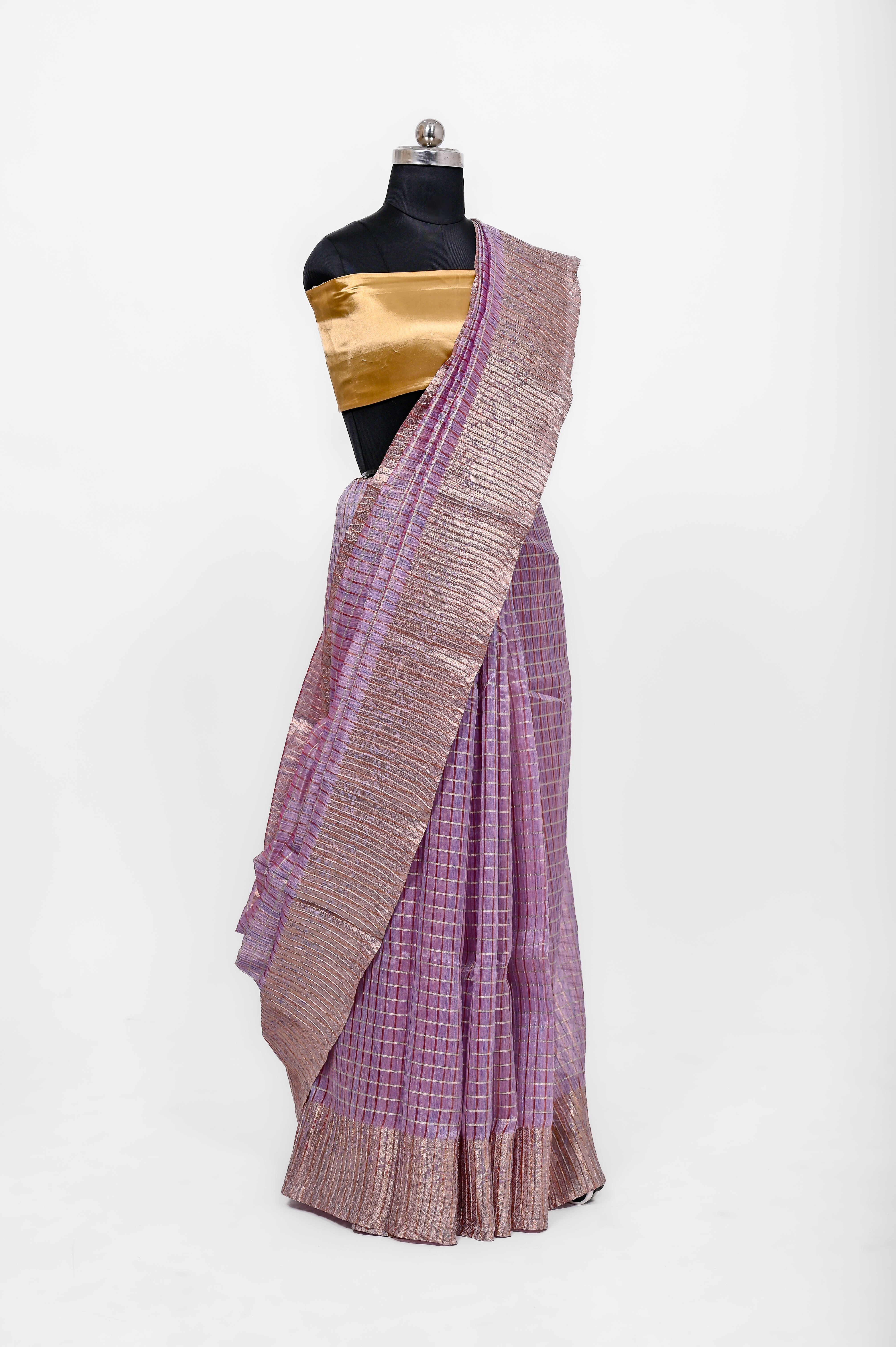 Pure Lilen Tissue Crush Big Chex Silk Saree With Luxury Fabrics Purple Pinkish