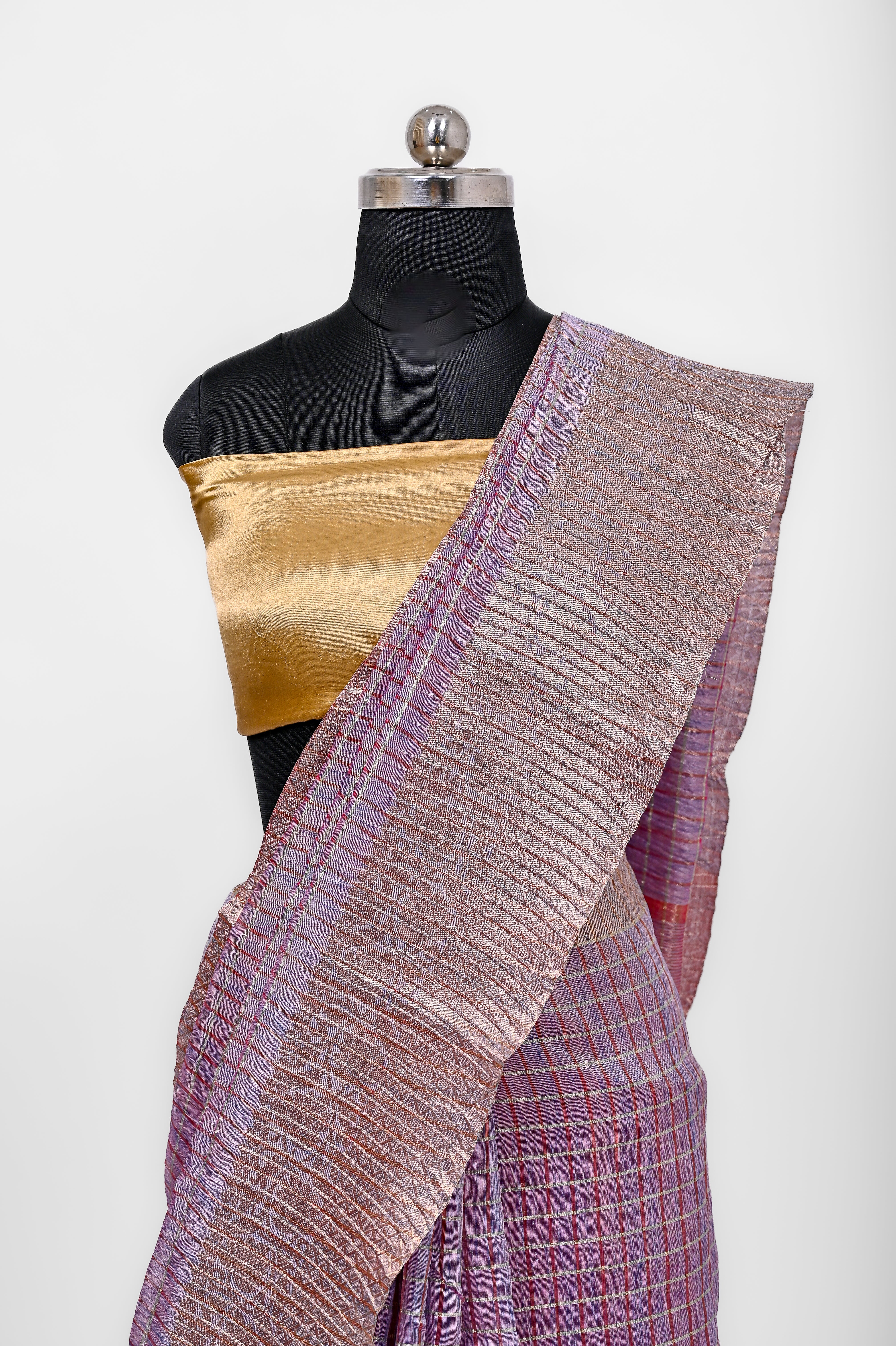 Pure Lilen Tissue Crush Big Chex Silk Saree With Luxury Fabrics Purple Pinkish
