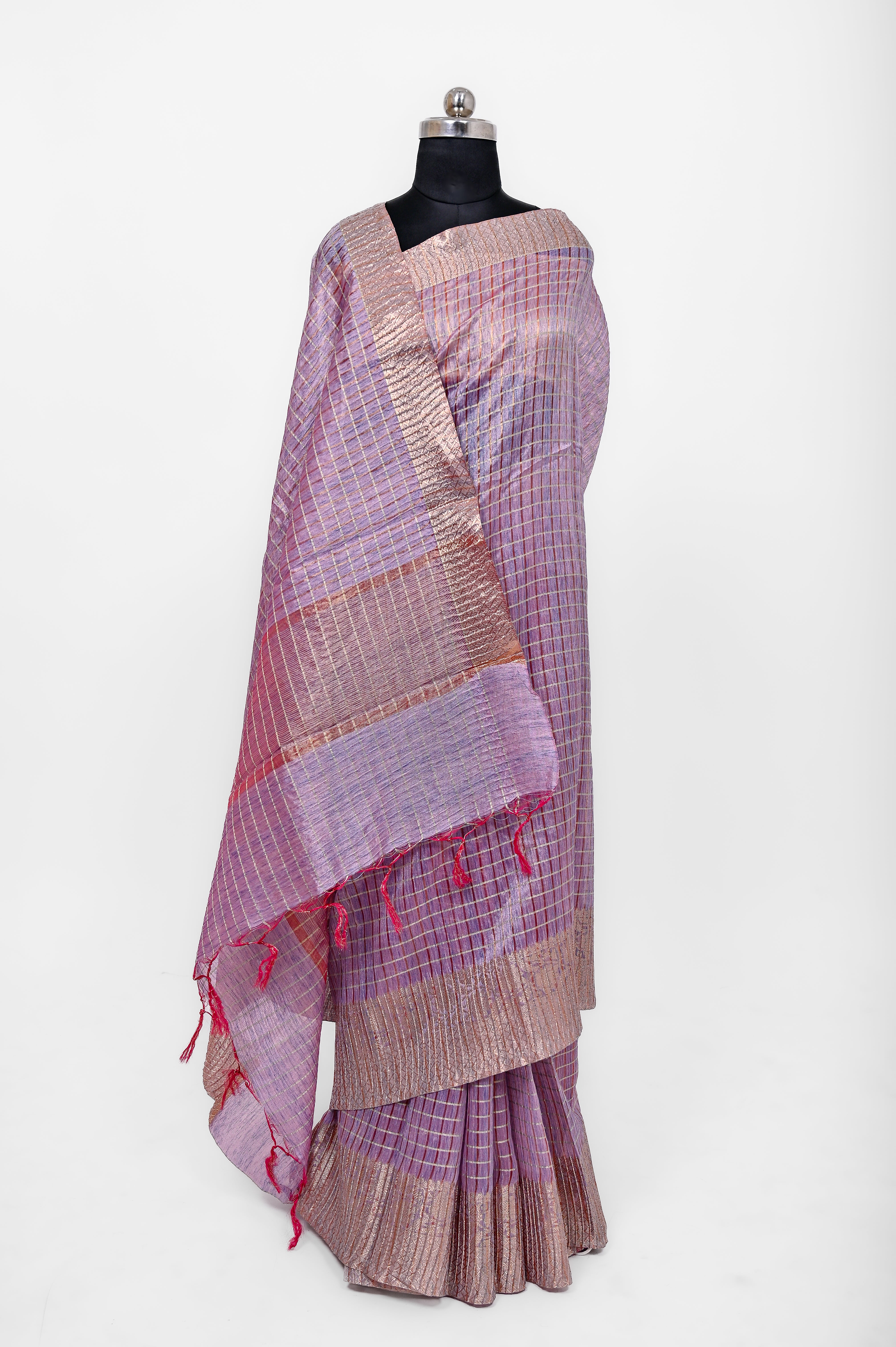 Pure Lilen Tissue Crush Big Chex Silk Saree With Luxury Fabrics Purple Pinkish