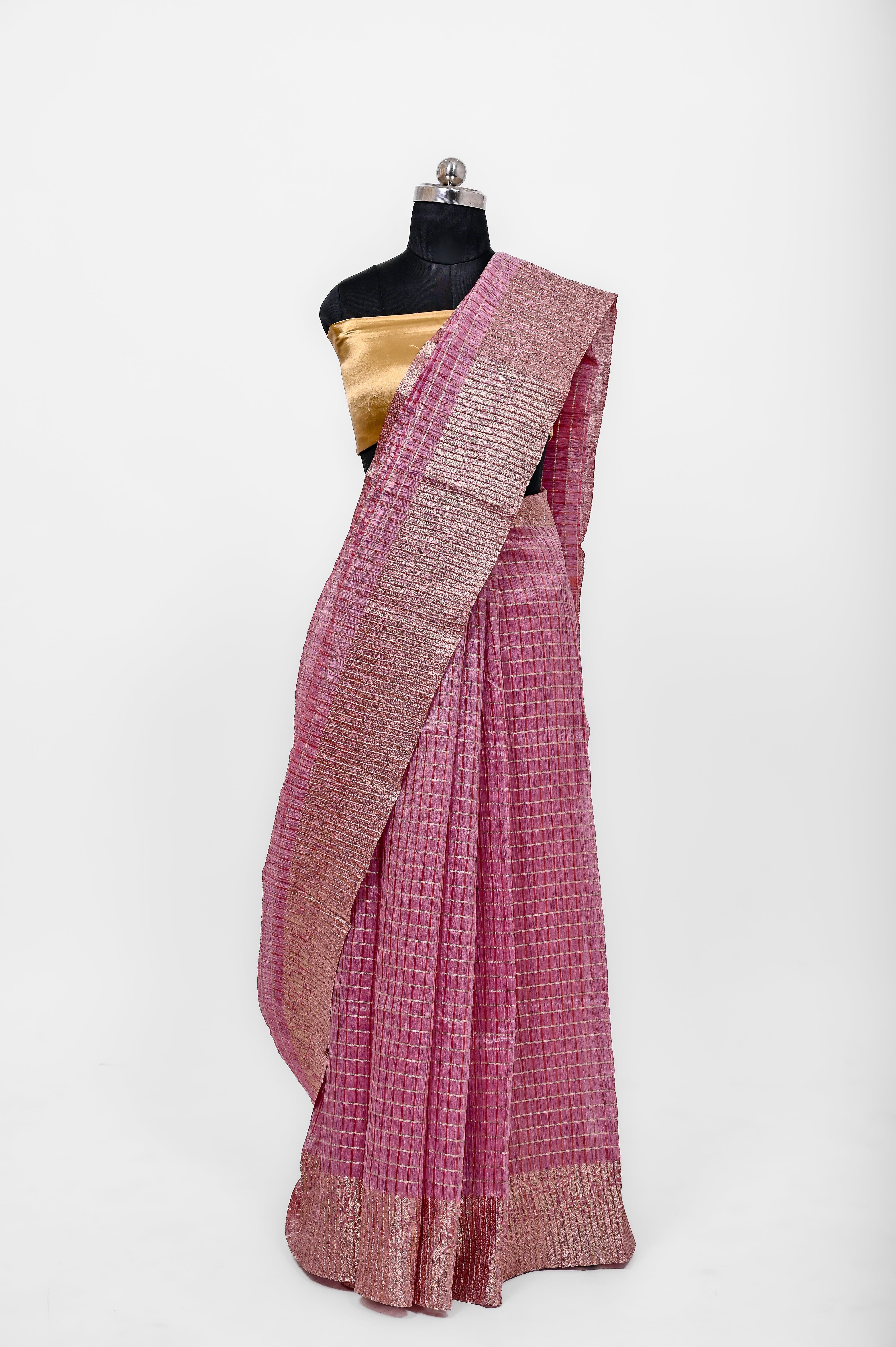 Pure Lilen Tissue Crush Big Chex Silk Saree With Luxury Fabrics Rani Pink