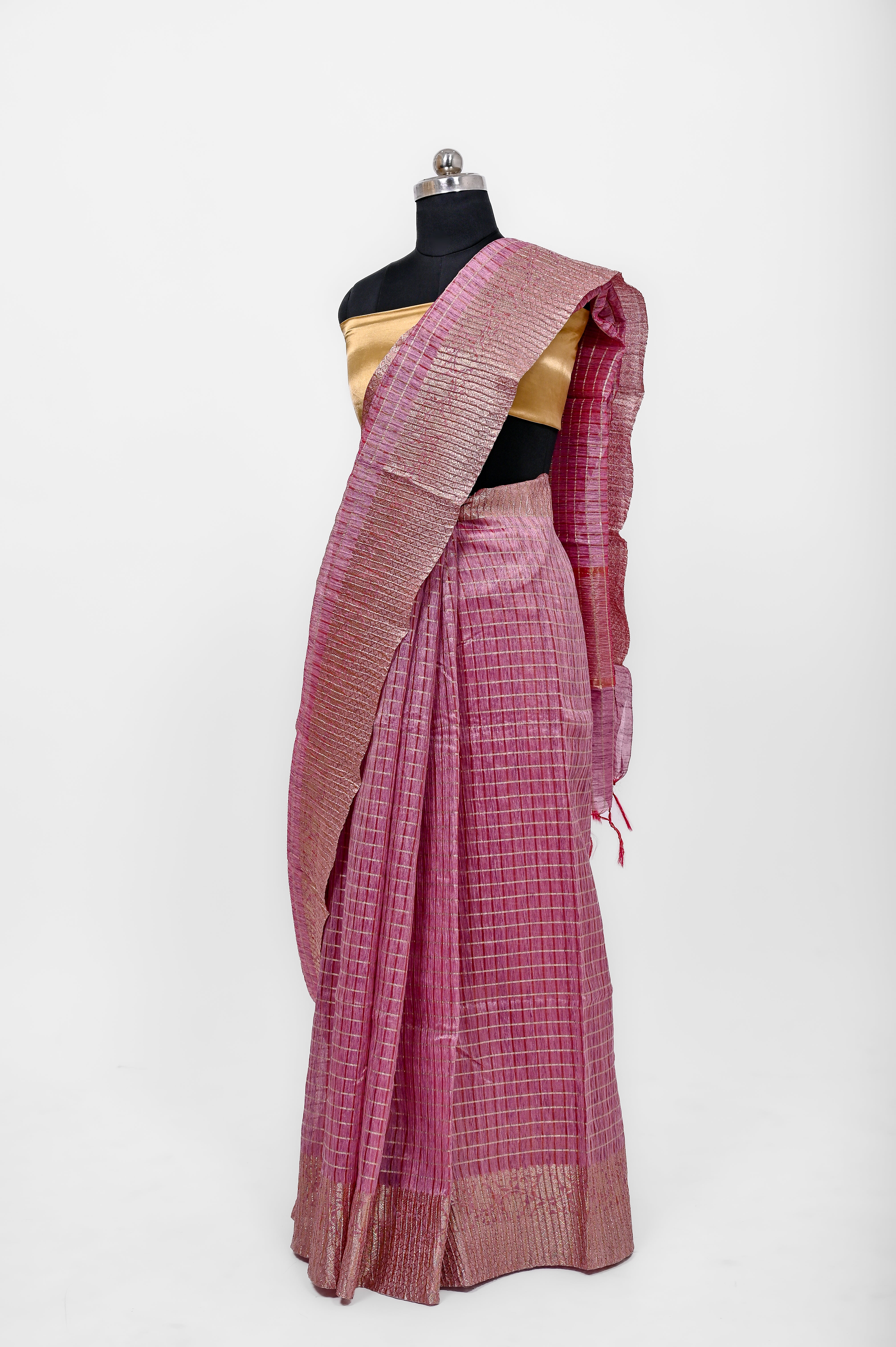 Pure Lilen Tissue Crush Big Chex Silk Saree With Luxury Fabrics Rani Pink