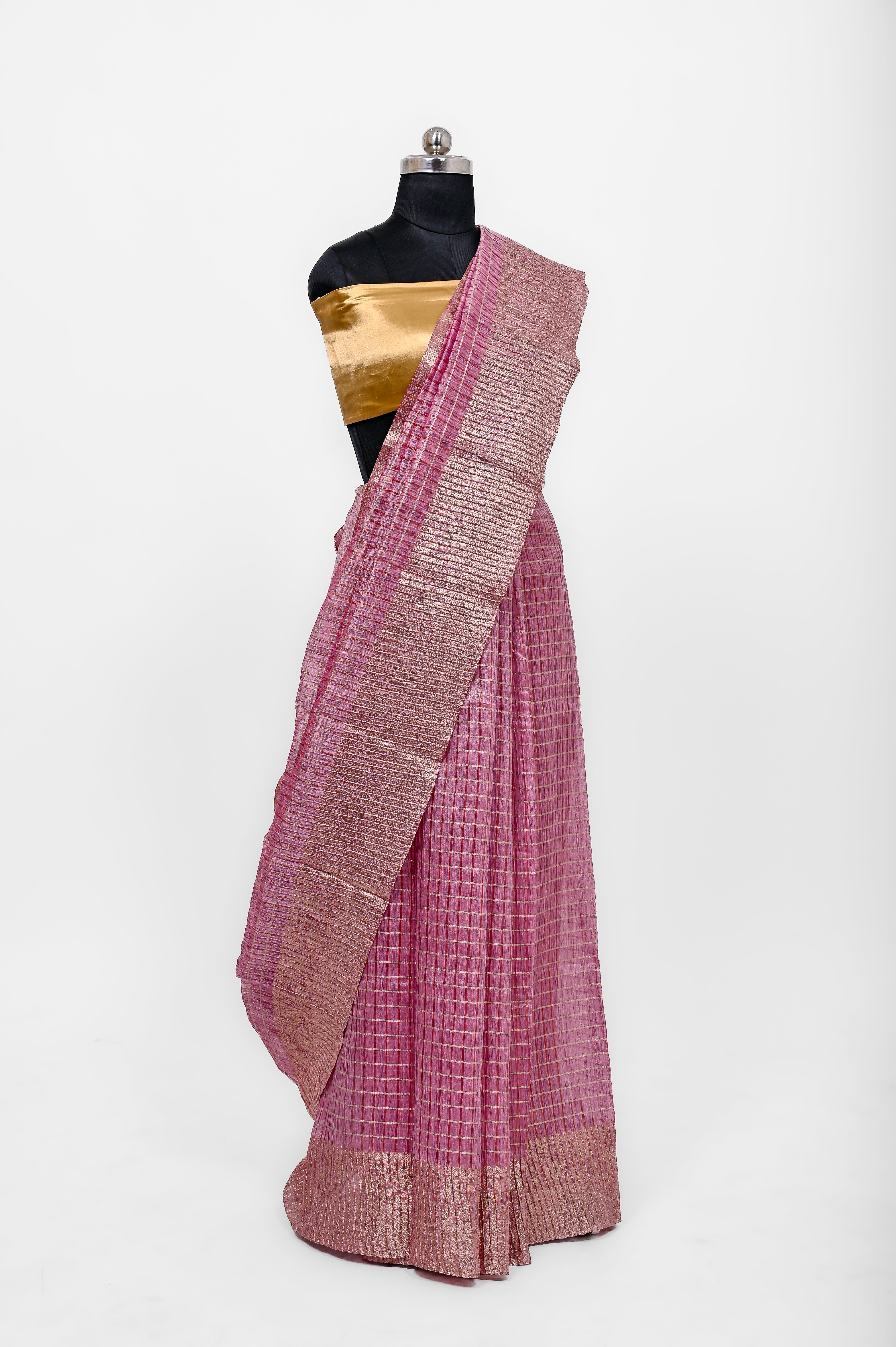 Pure Lilen Tissue Crush Big Chex Silk Saree With Luxury Fabrics Rani Pink