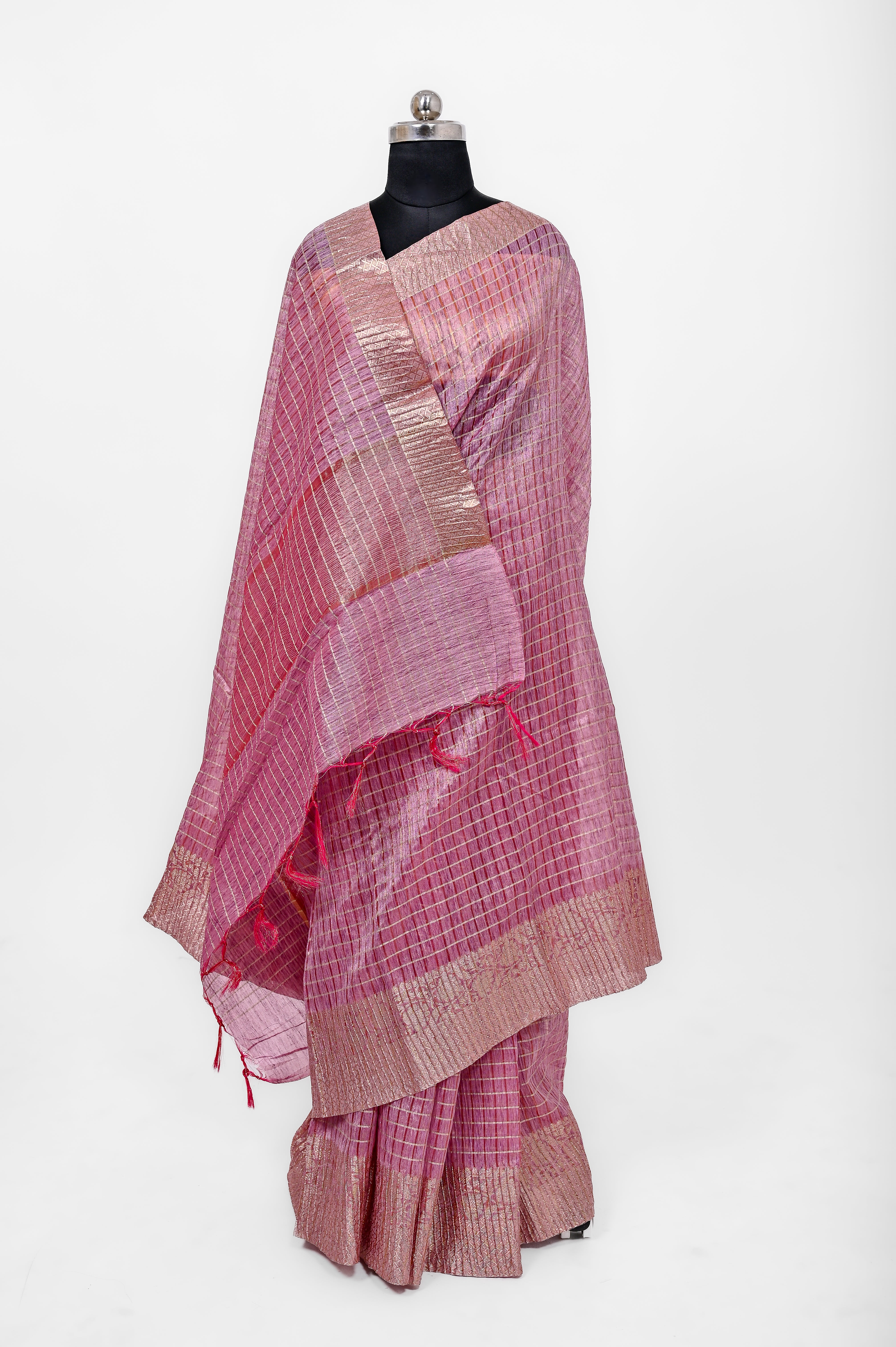 Pure Lilen Tissue Crush Big Chex Silk Saree With Luxury Fabrics Rani Pink