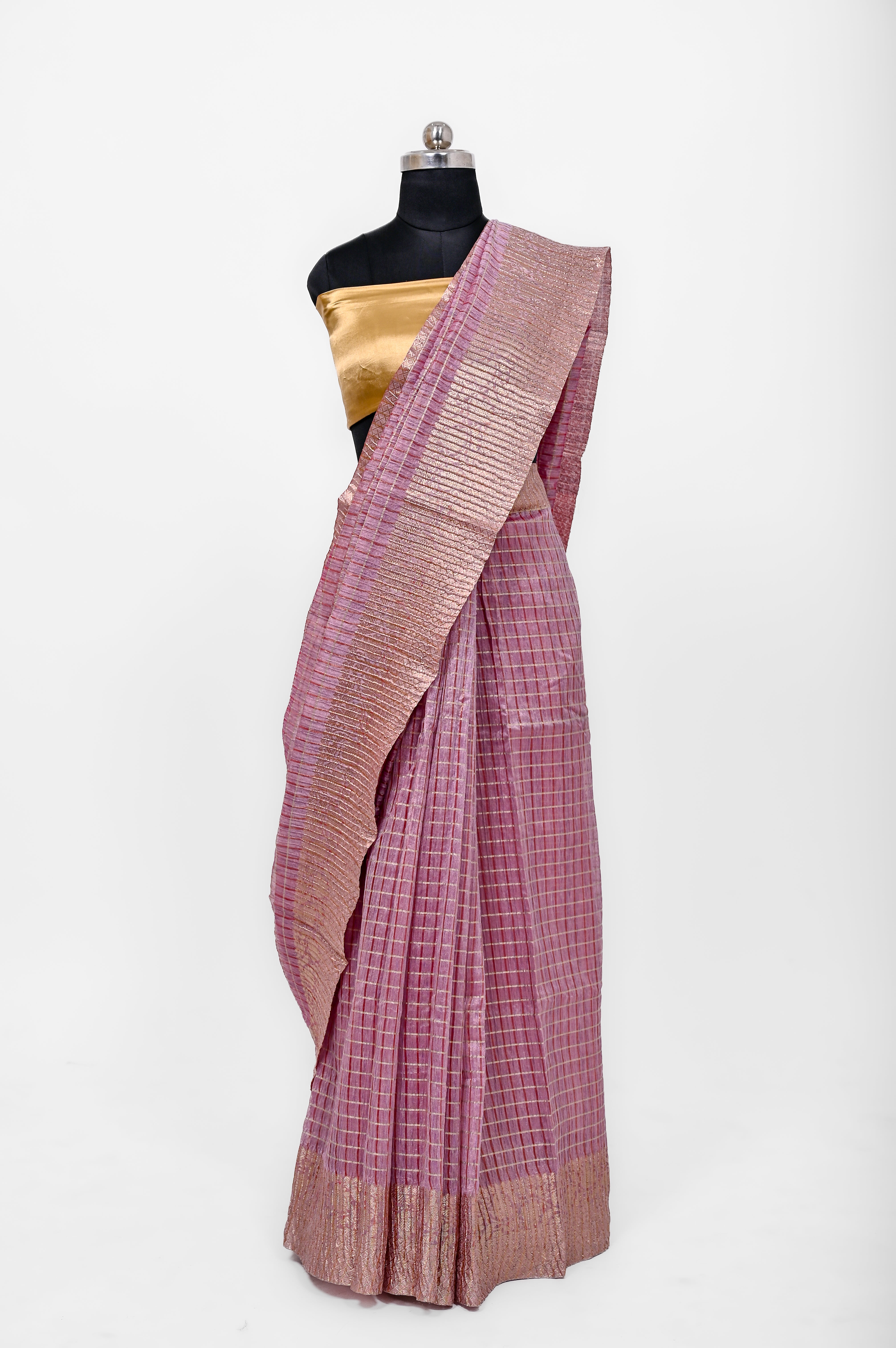 Pure Lilen Tissue Crush Big Chex Silk Saree With Luxury Fabrics Double Shadow Gajri
