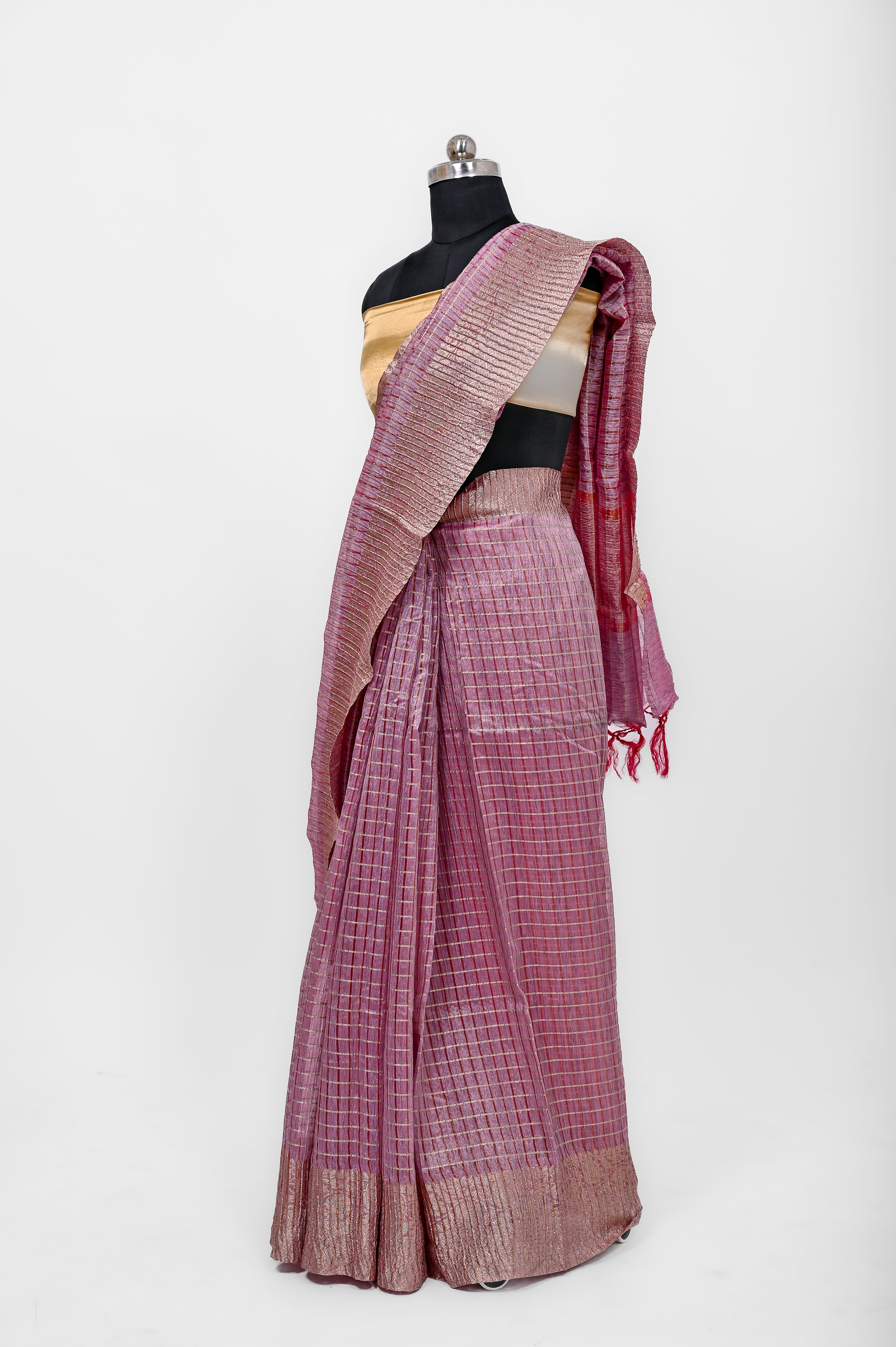 Pure Lilen Tissue Crush Big Chex Silk Saree With Luxury Fabrics Double Shadow Gajri