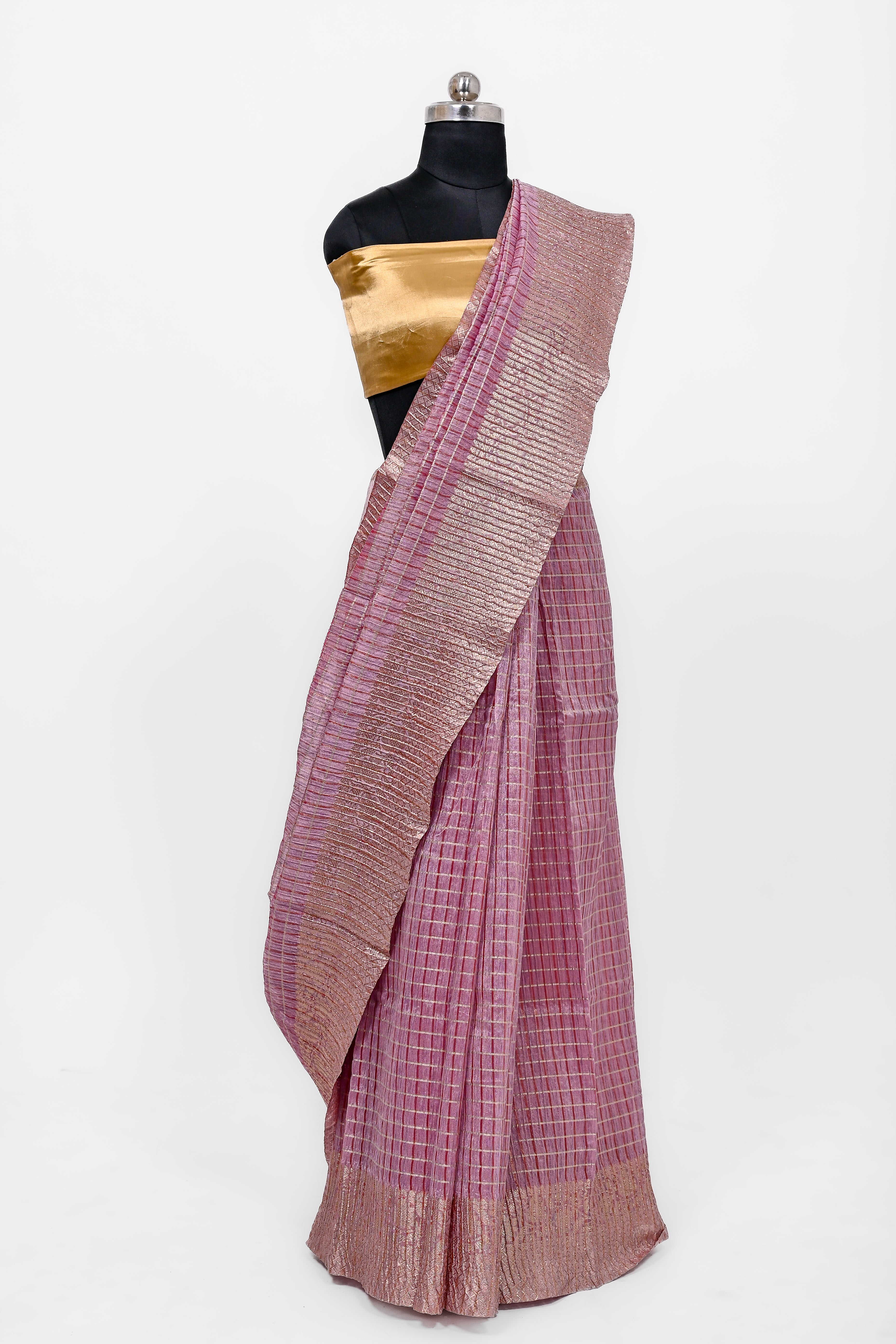 Pure Lilen Tissue Crush Big Chex Silk Saree With Luxury Fabrics Double Shadow Gajri