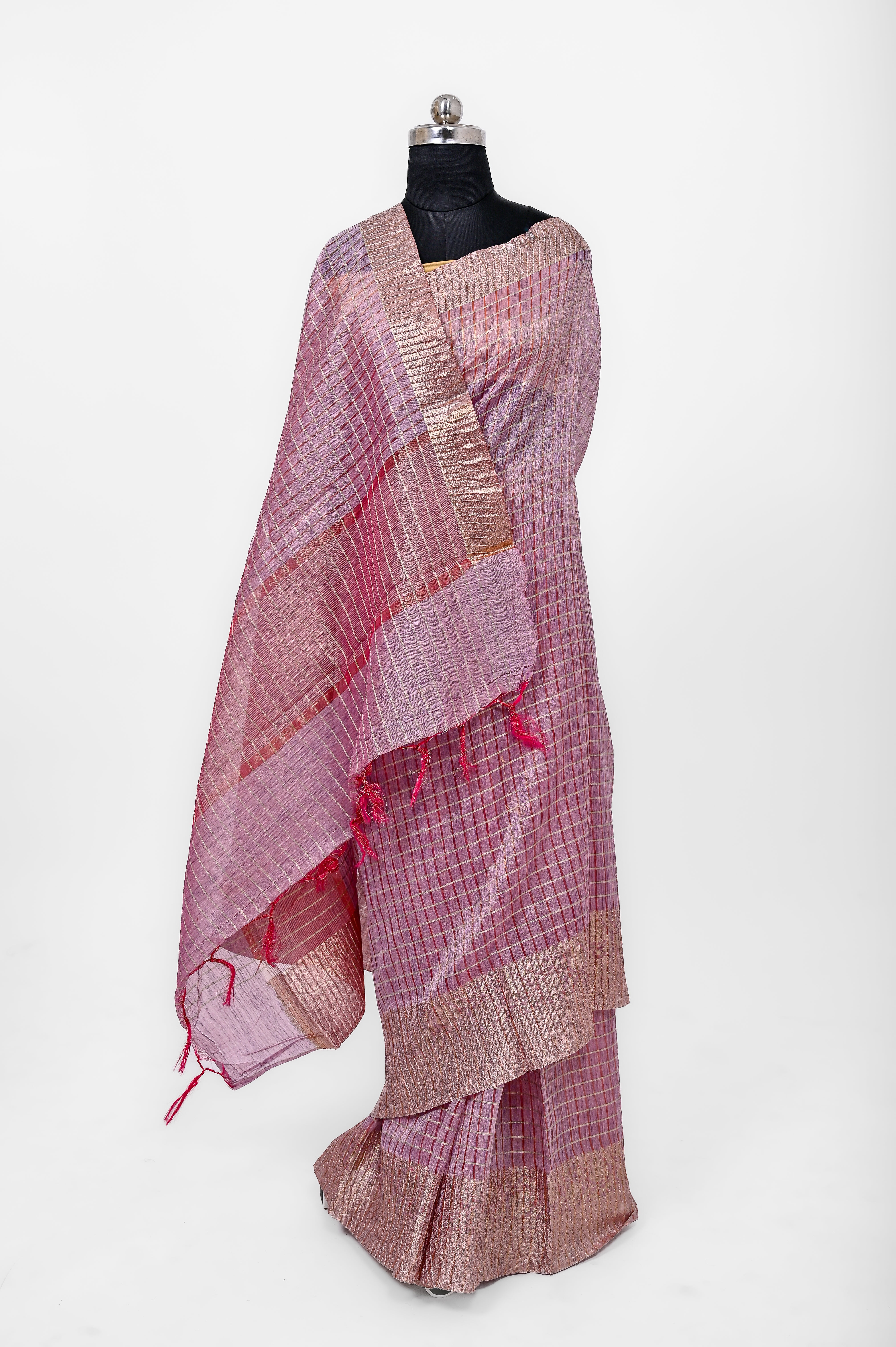 Pure Lilen Tissue Crush Big Chex Silk Saree With Luxury Fabrics Double Shadow Gajri