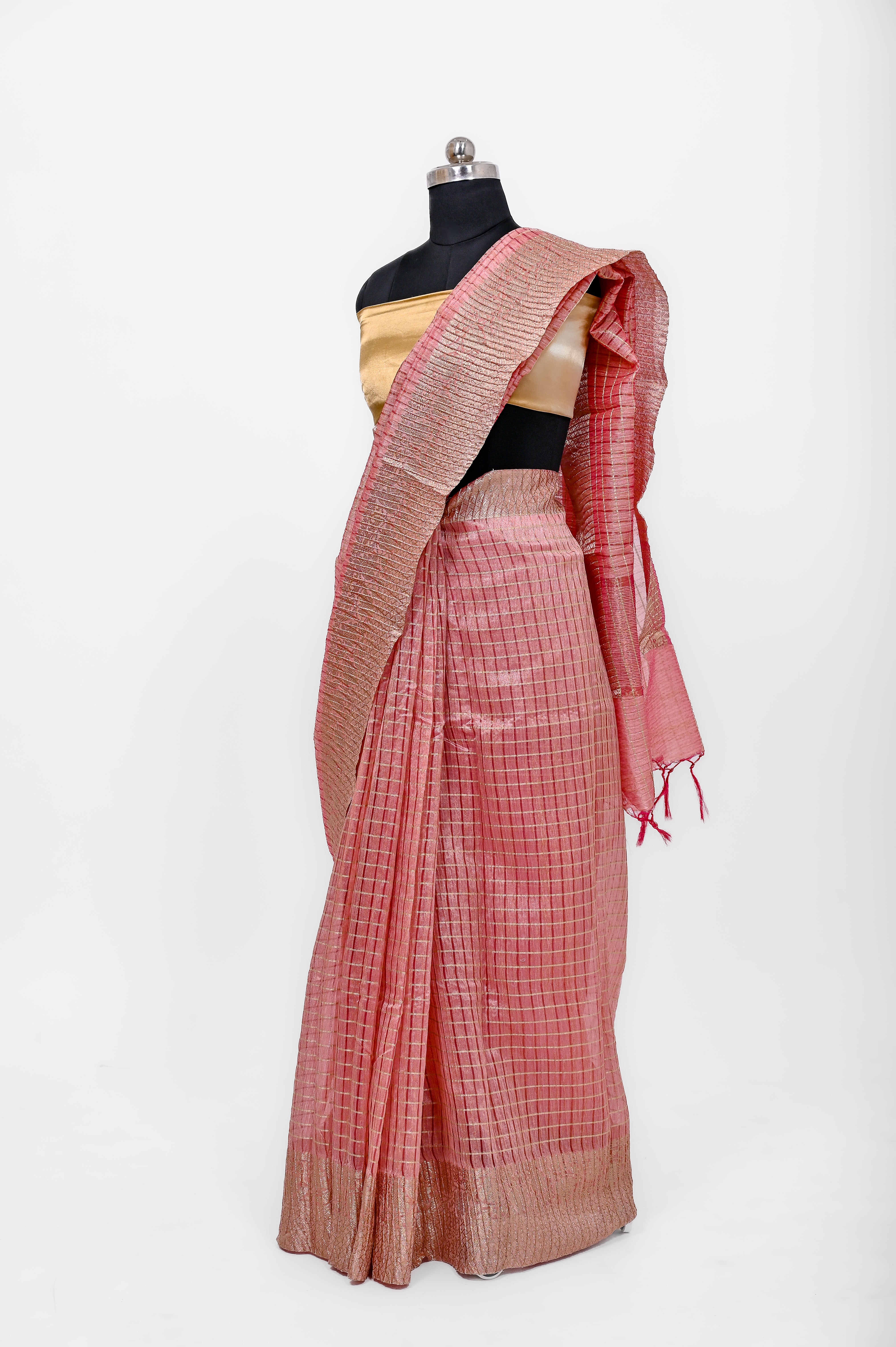 Pure Lilen Tissue Crush Big Chex Silk Saree With Luxury Fabrics Light Onion