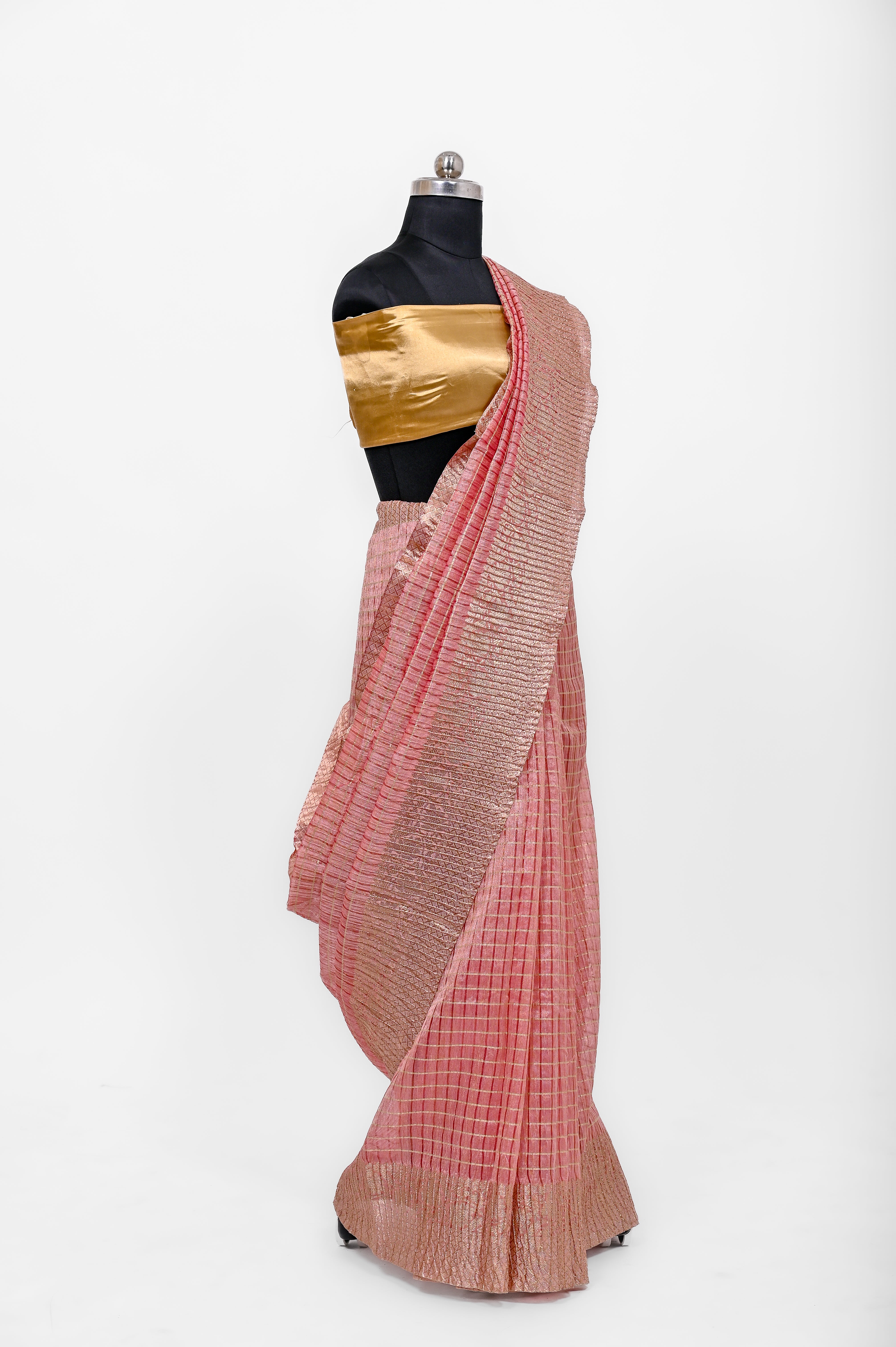 Pure Lilen Tissue Crush Big Chex Silk Saree With Luxury Fabrics Light Onion