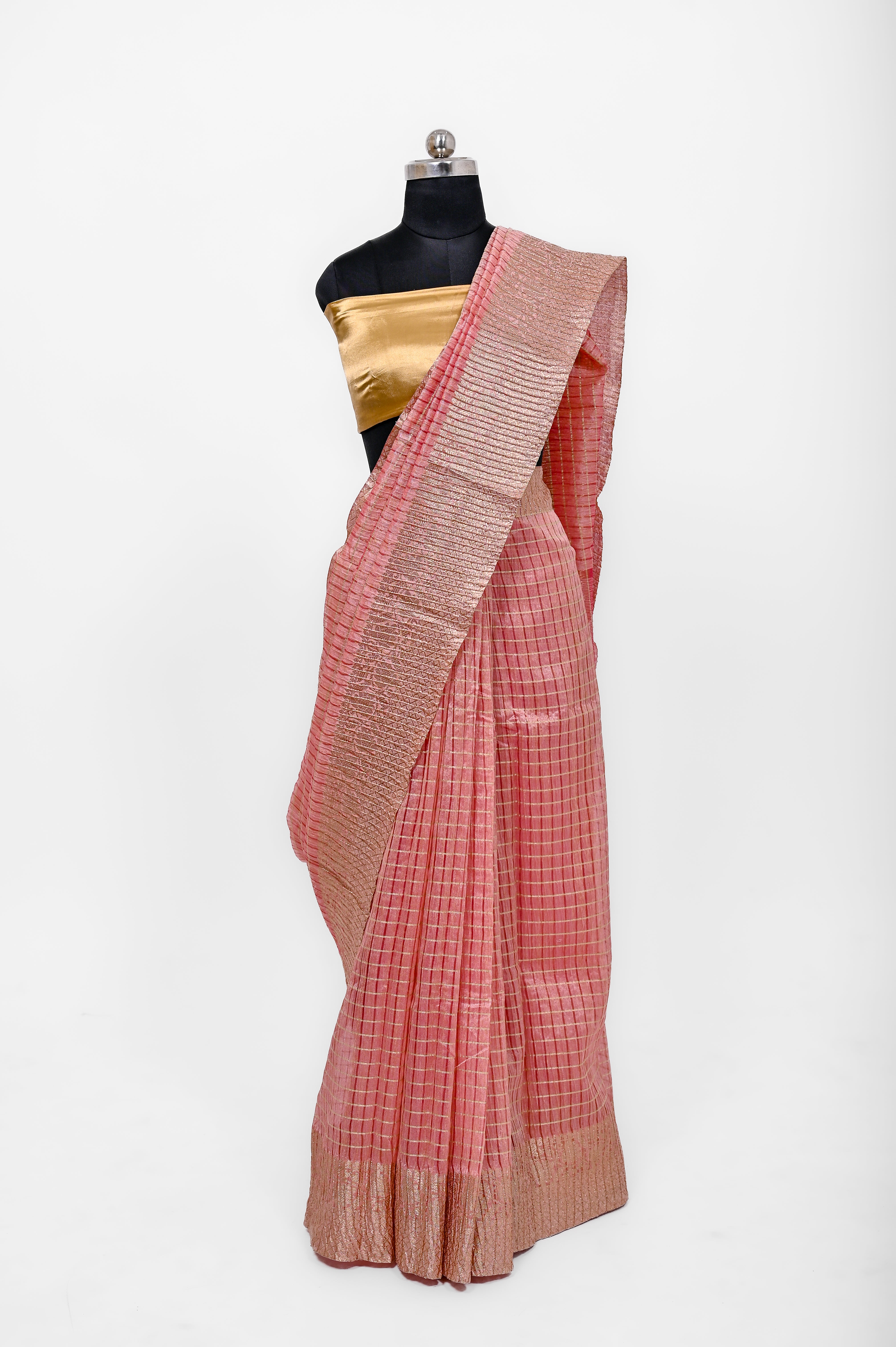 Pure Lilen Tissue Crush Big Chex Silk Saree With Luxury Fabrics Light Onion
