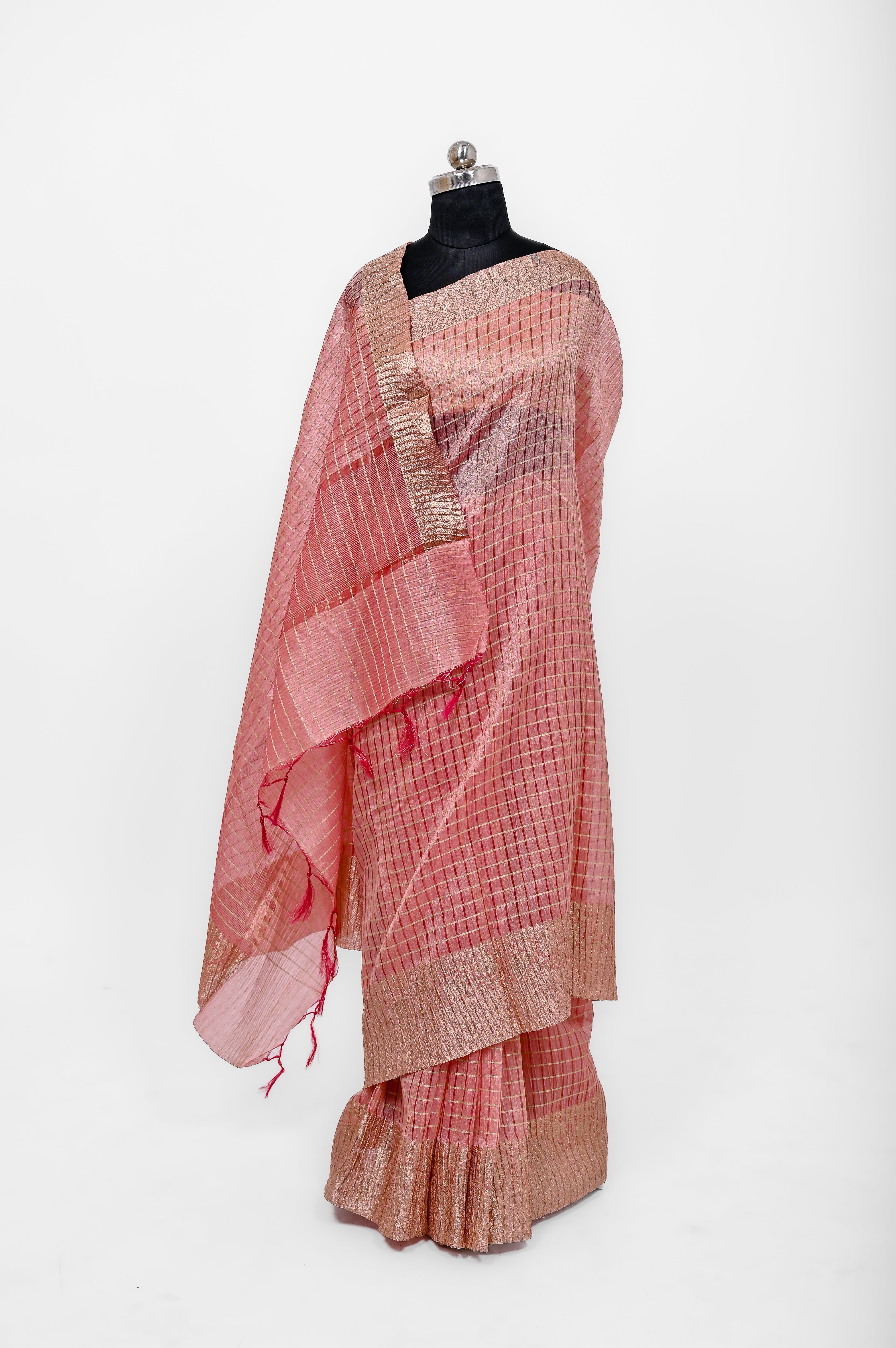 Pure Lilen Tissue Crush Big Chex Silk Saree With Luxury Fabrics Light Onion