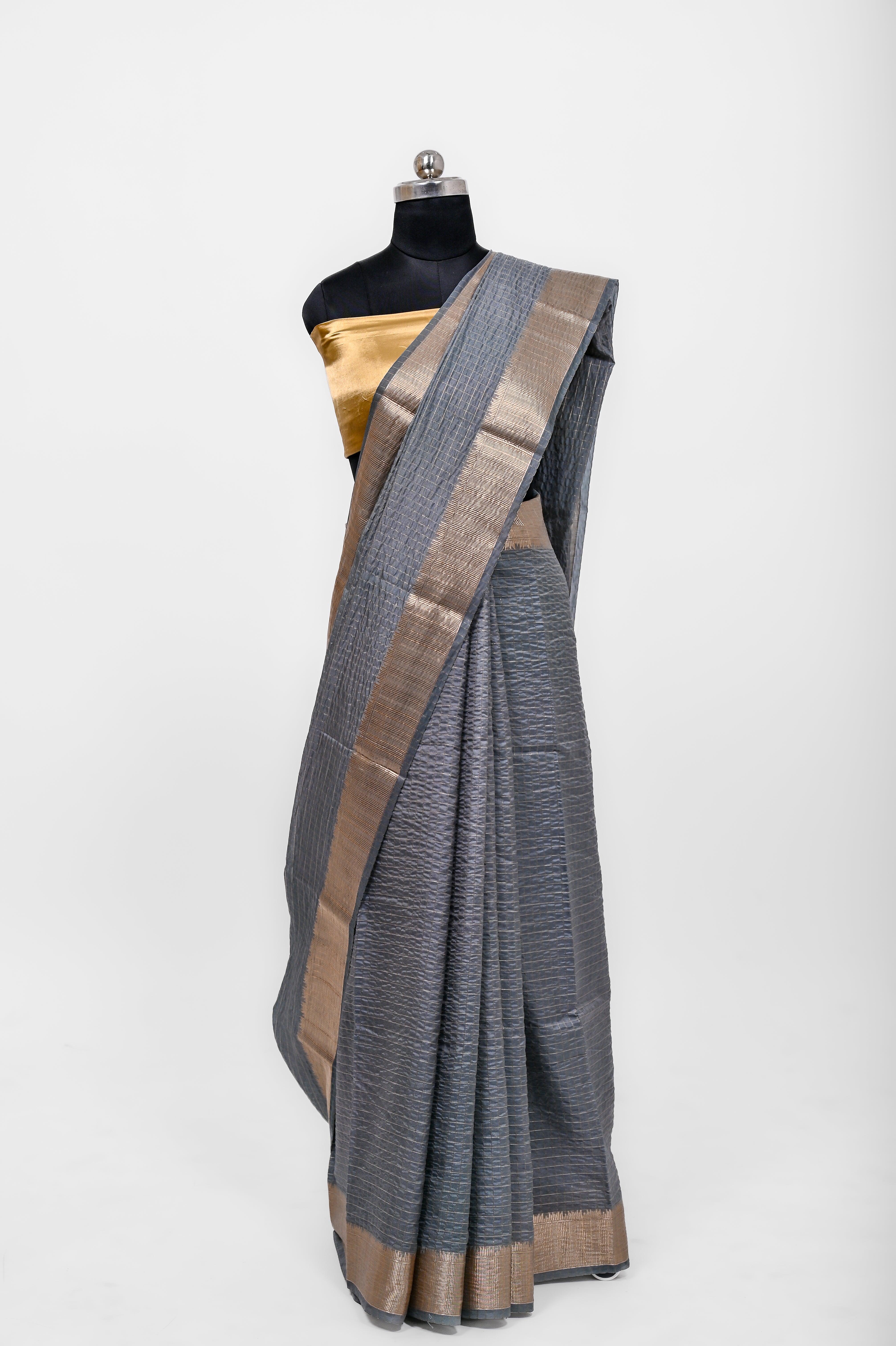 Handloom Dyble Soft Silk Zari Chex Sarees With Luxury Fabrics Grey