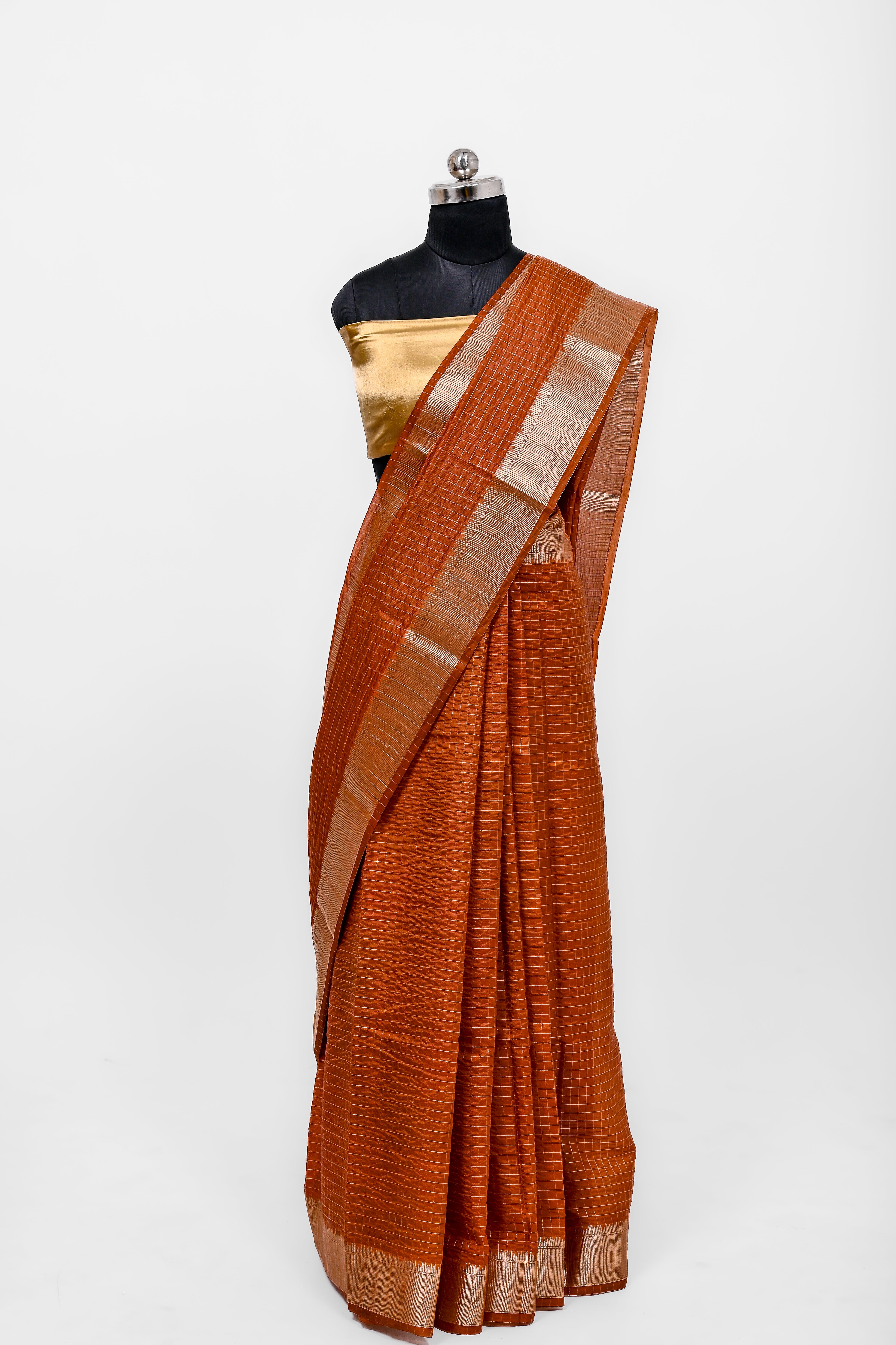 Handloom Dyble Soft Silk Zari Chex Sarees With Luxury Fabrics Rust
