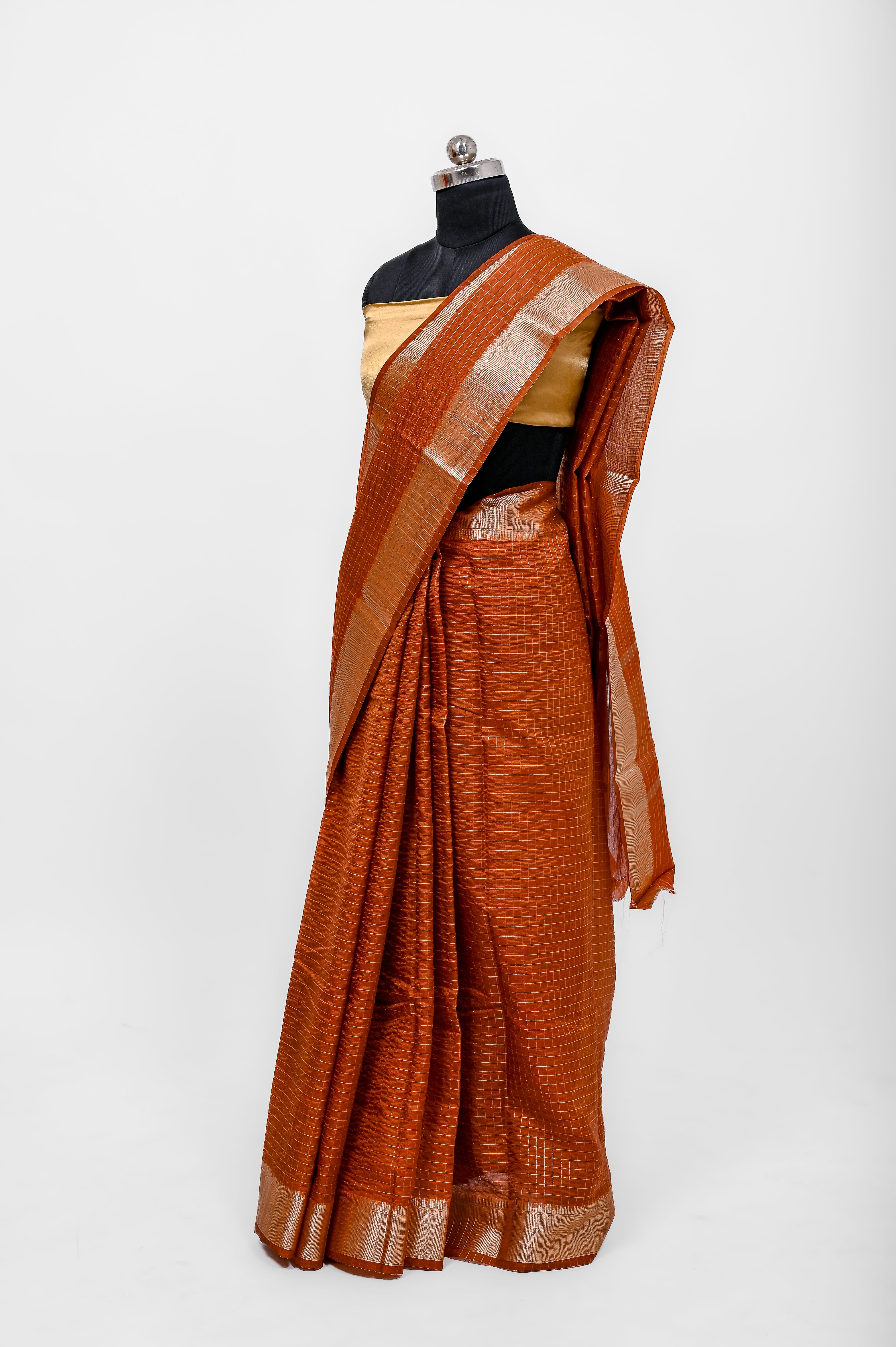 Handloom Dyble Soft Silk Zari Chex Sarees With Luxury Fabrics Rust