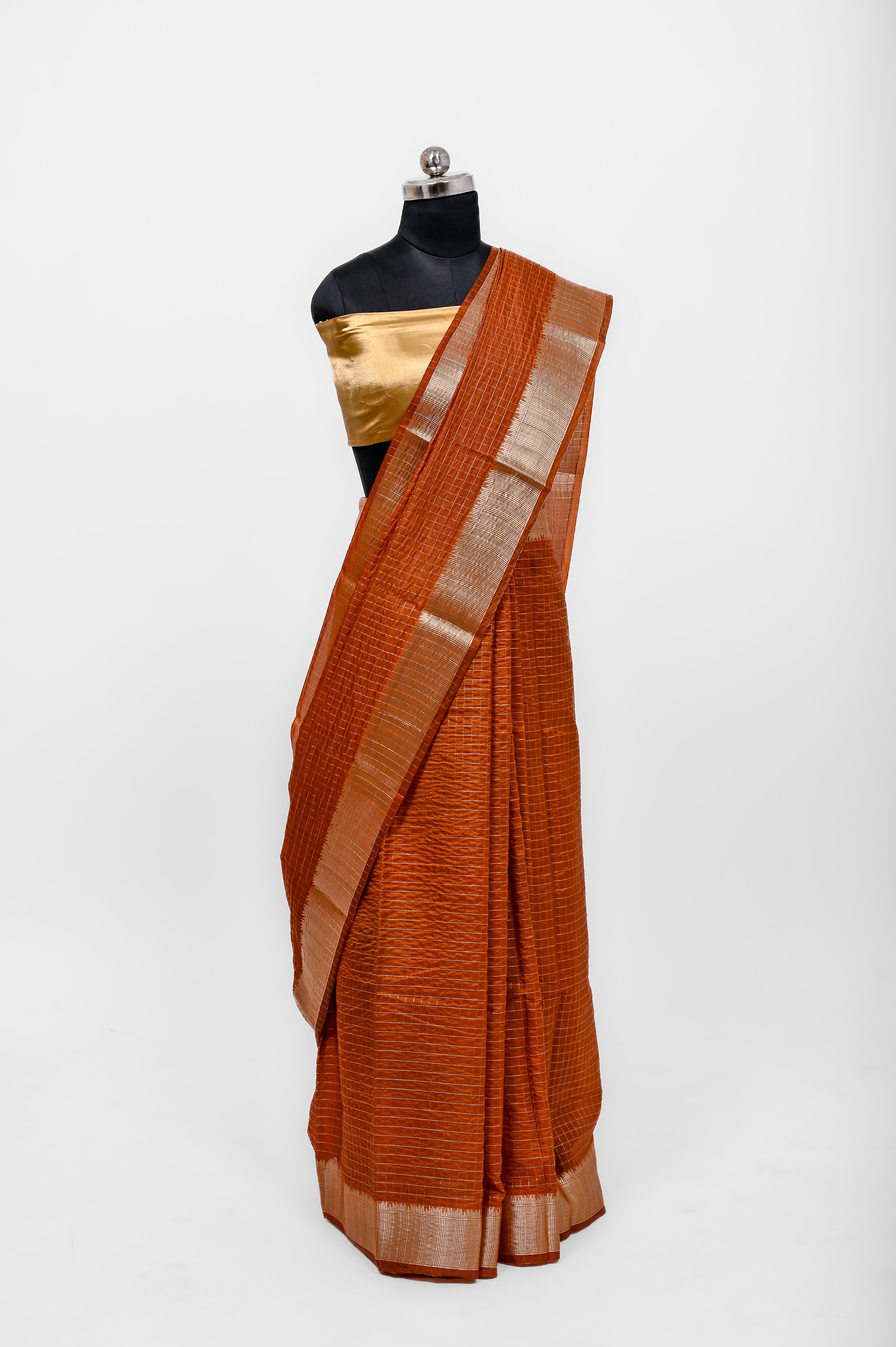 Handloom Dyble Soft Silk Zari Chex Sarees With Luxury Fabrics Rust