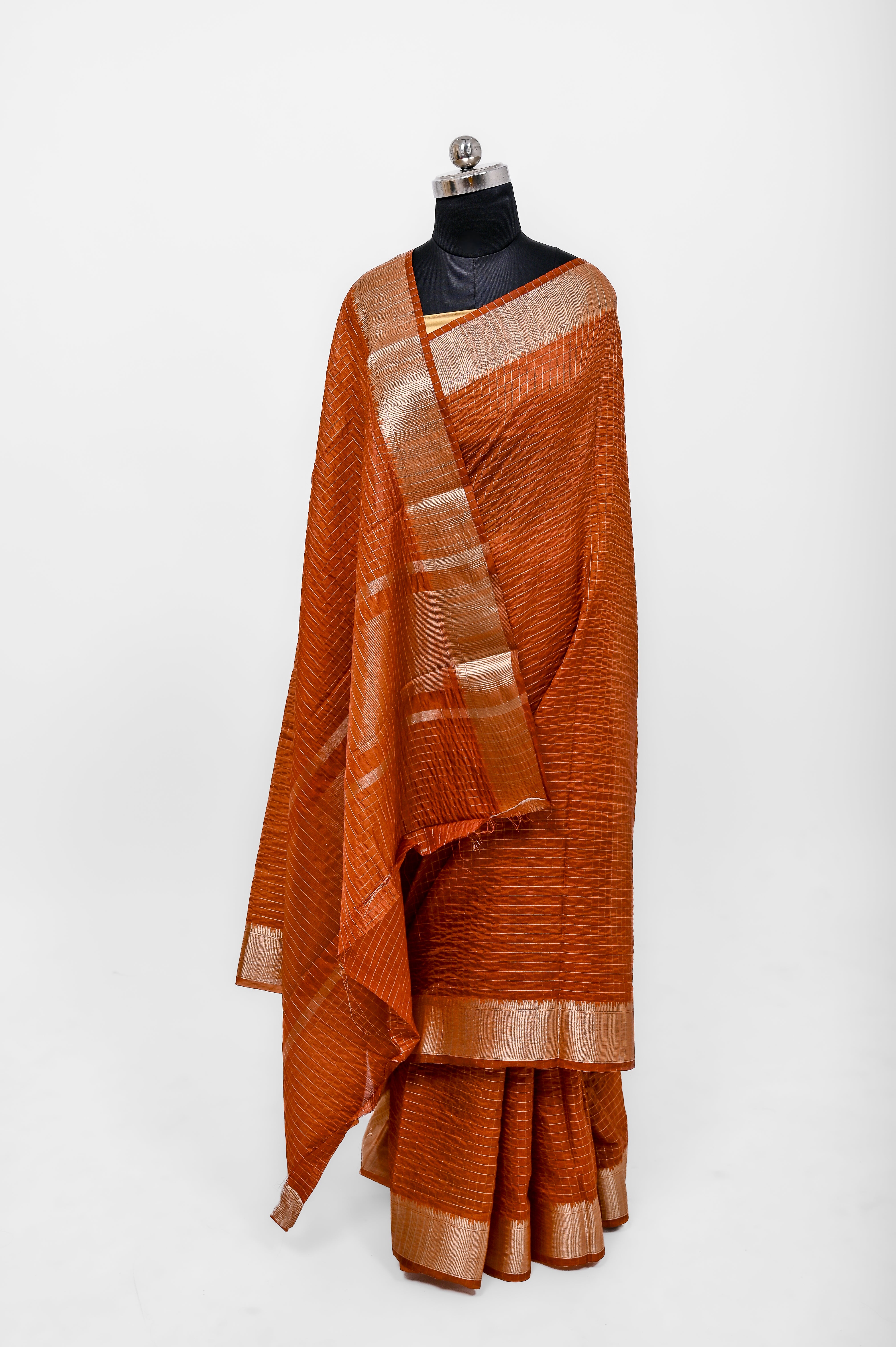 Handloom Dyble Soft Silk Zari Chex Sarees With Luxury Fabrics Rust