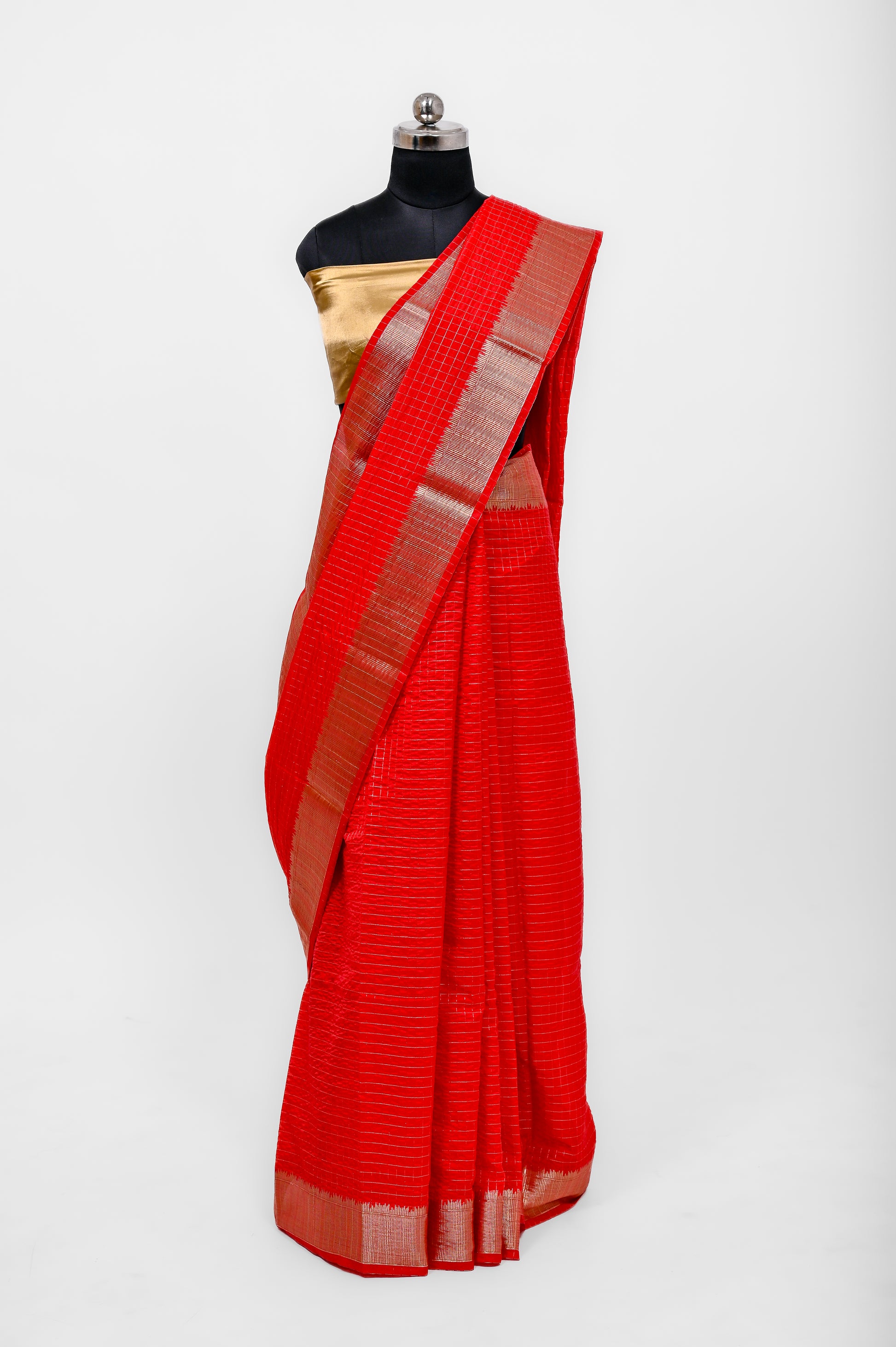 Handloom Dyble Soft Silk Zari Chex Sarees With Luxury Fabrics Tomato Red