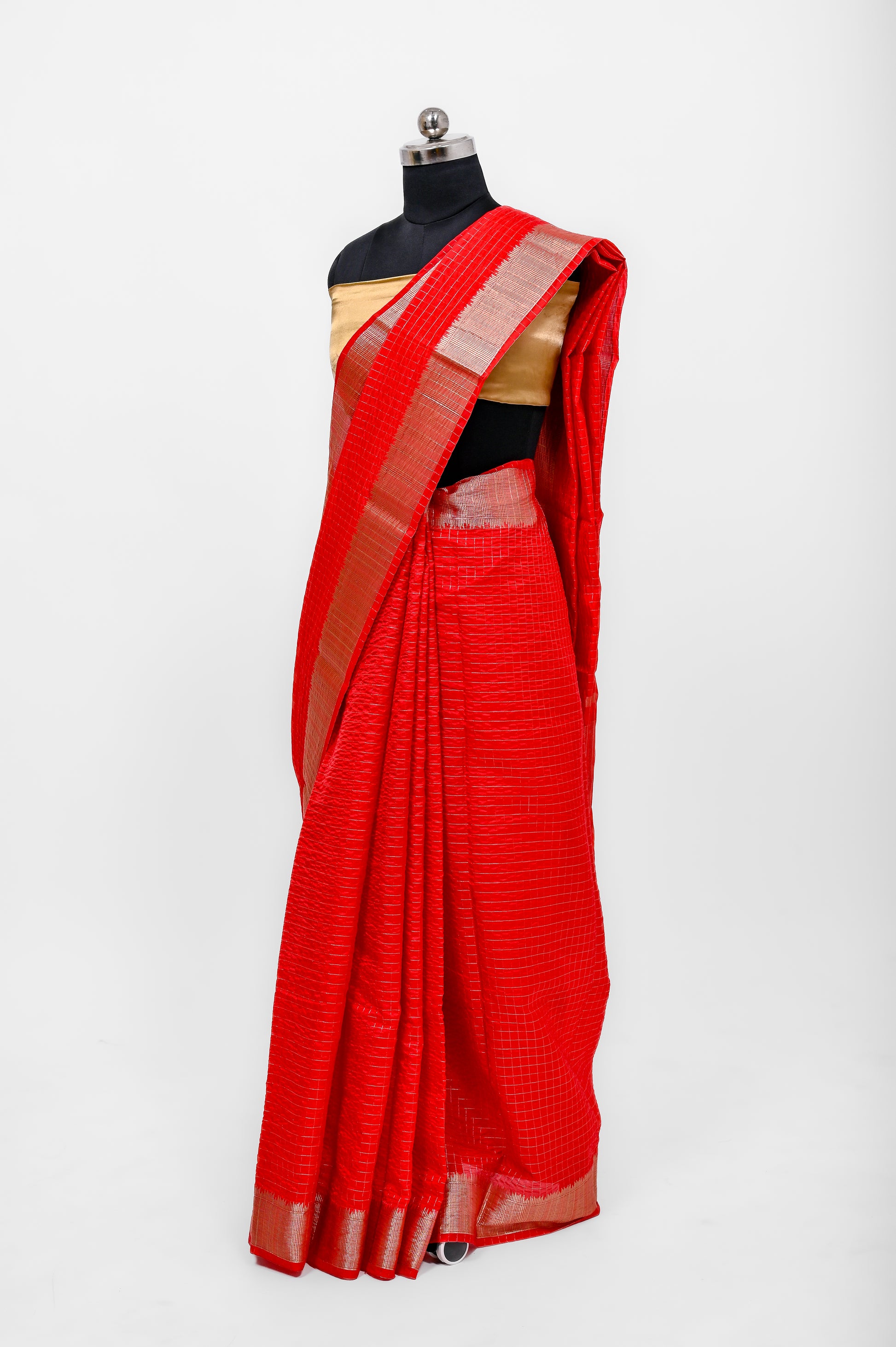 Handloom Dyble Soft Silk Zari Chex Sarees With Luxury Fabrics Tomato Red