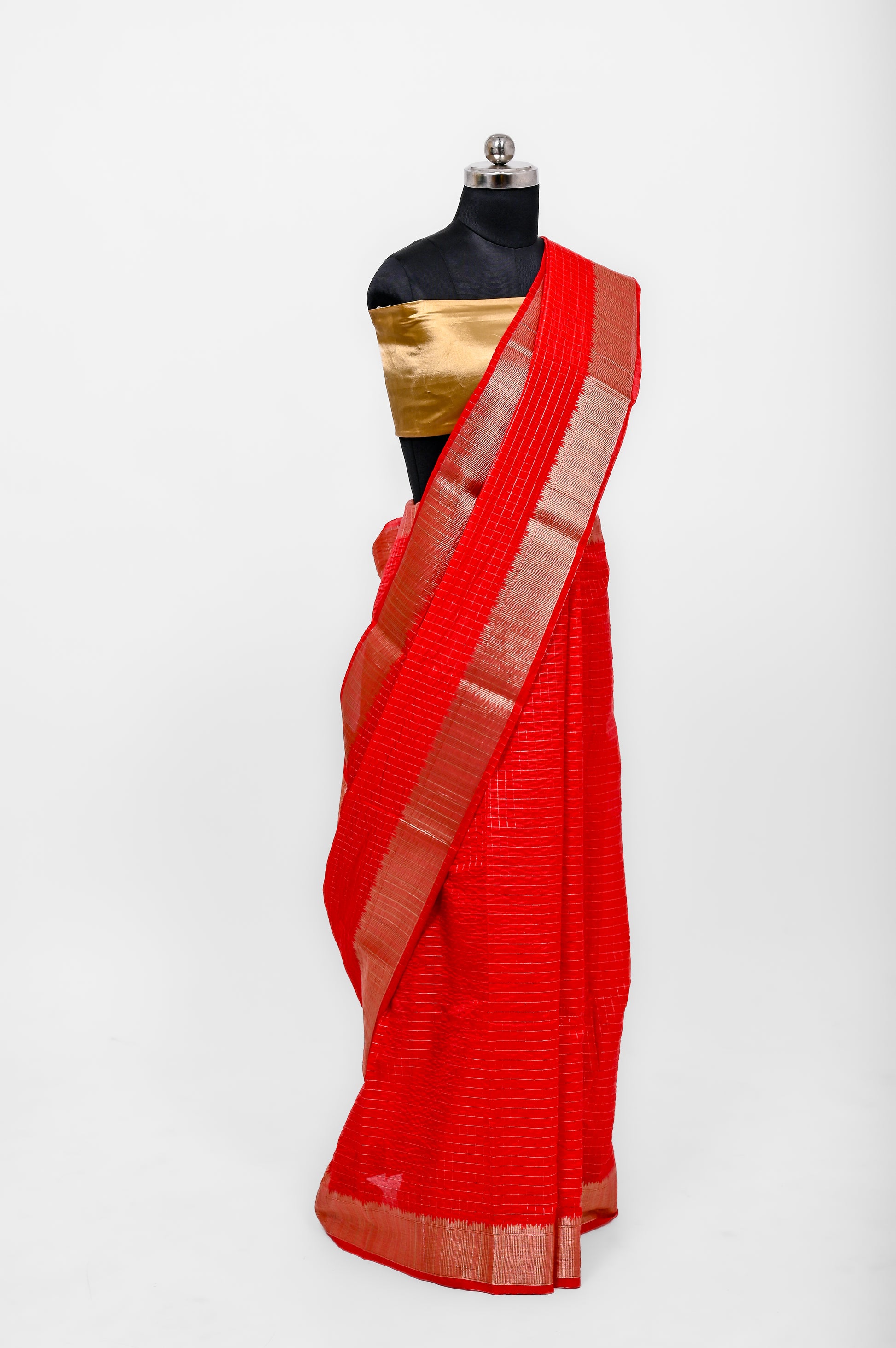 Handloom Dyble Soft Silk Zari Chex Sarees With Luxury Fabrics Tomato Red