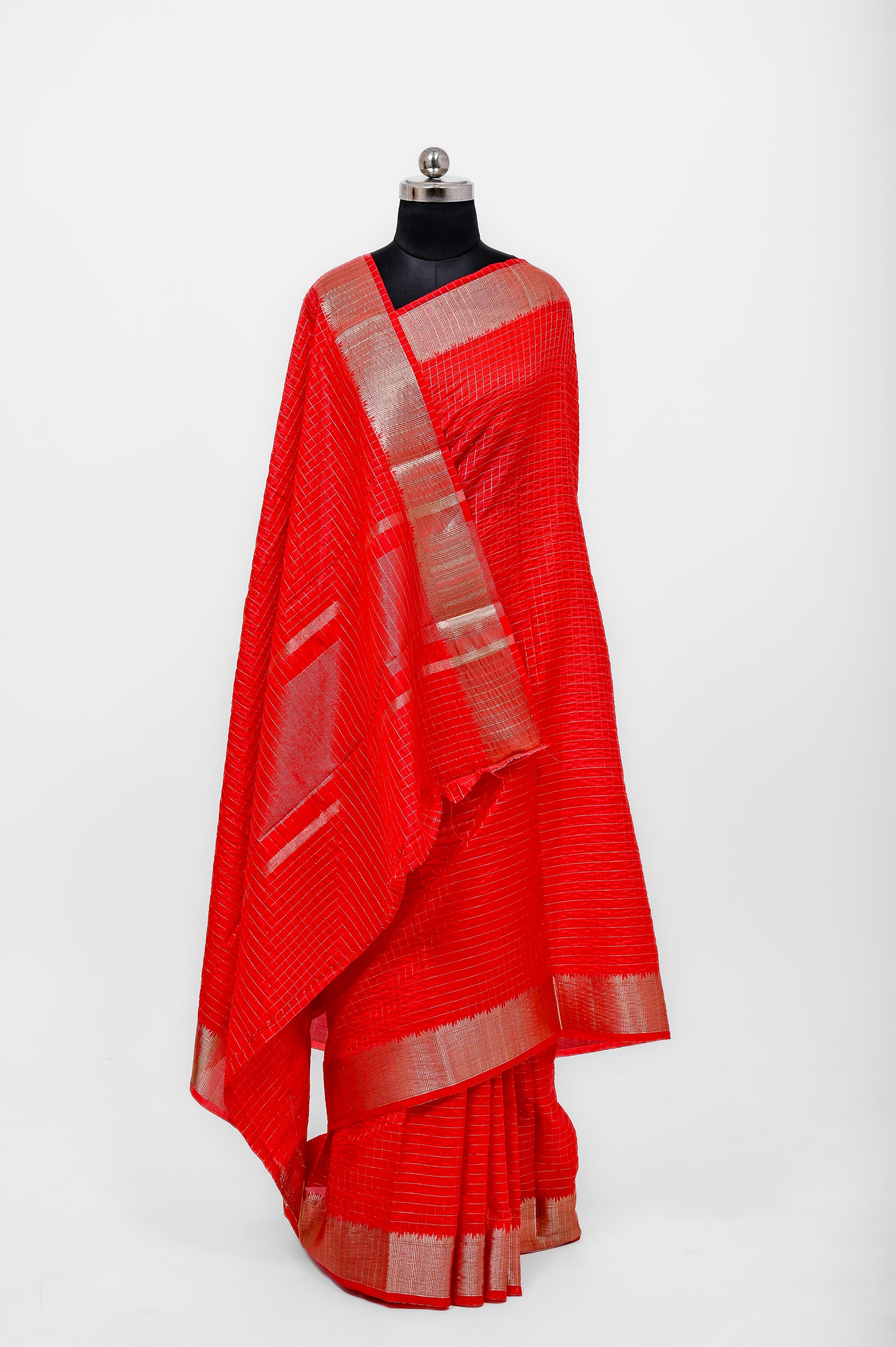 Handloom Dyble Soft Silk Zari Chex Sarees With Luxury Fabrics Tomato Red