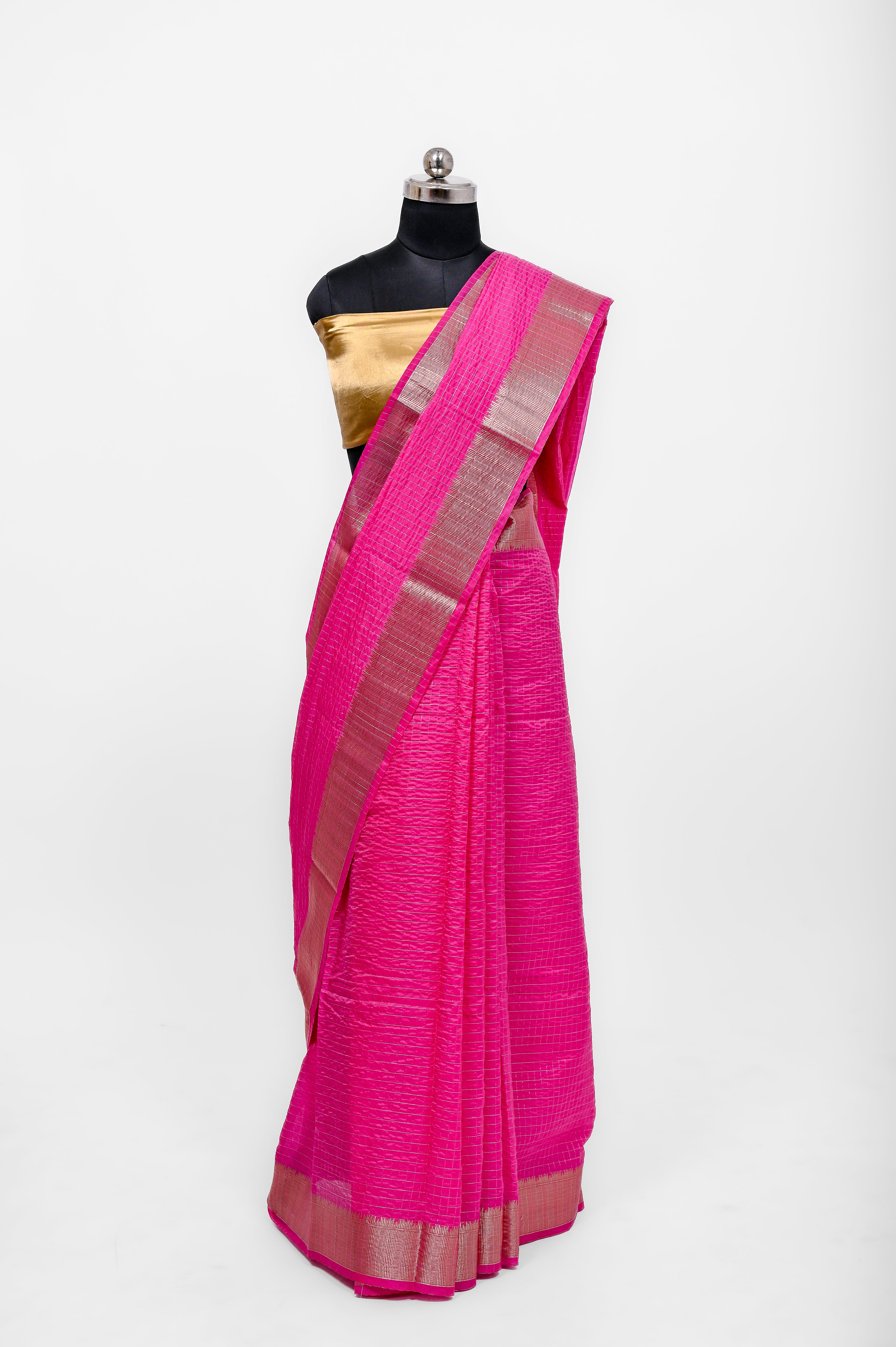 Handloom Dyble Soft Silk Zari Chex Sarees With Luxury Fabrics Rani Pink