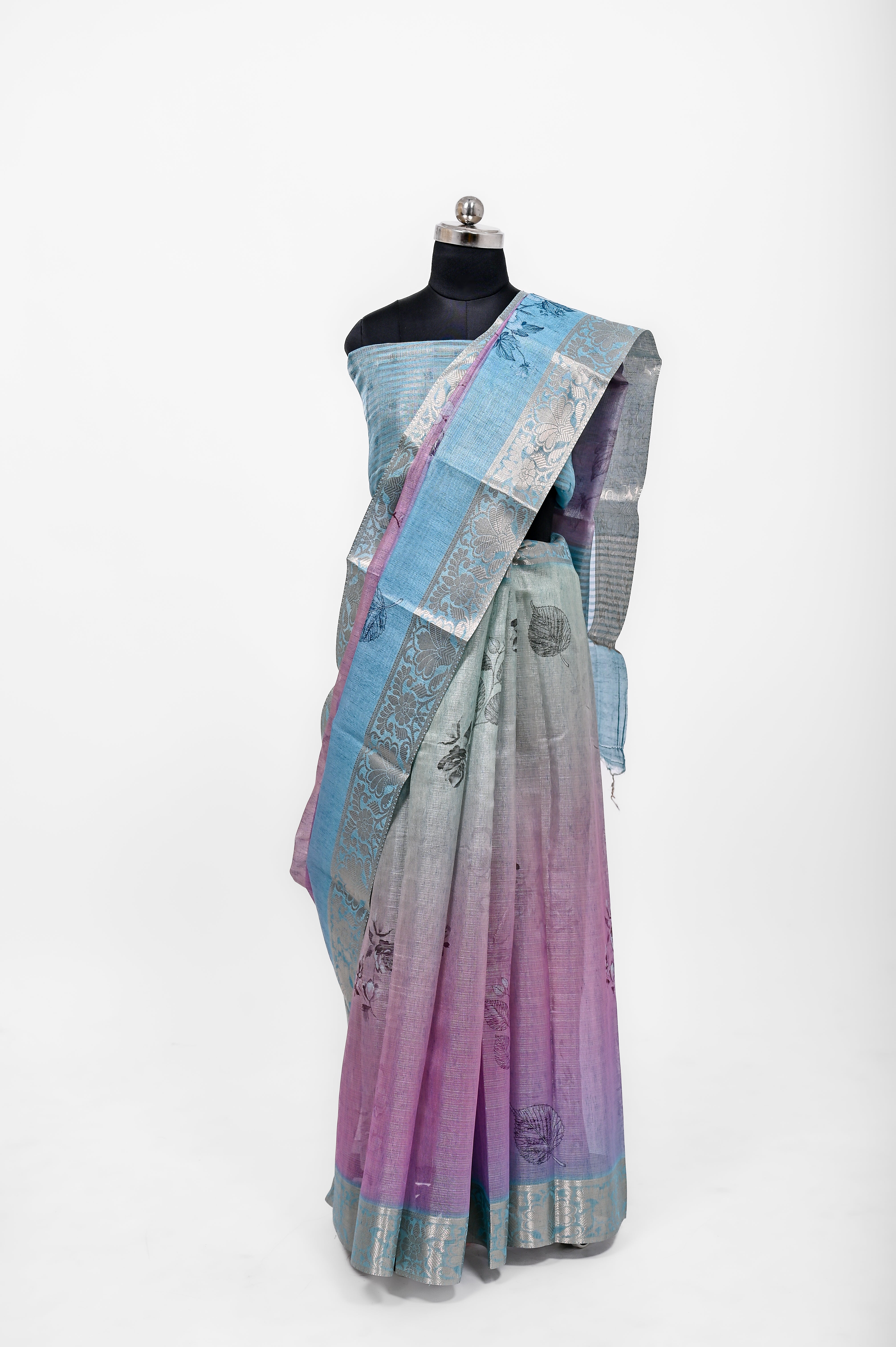 Pure Lilen Tissue Silk Digital Print Saree Firozi & Light Purple